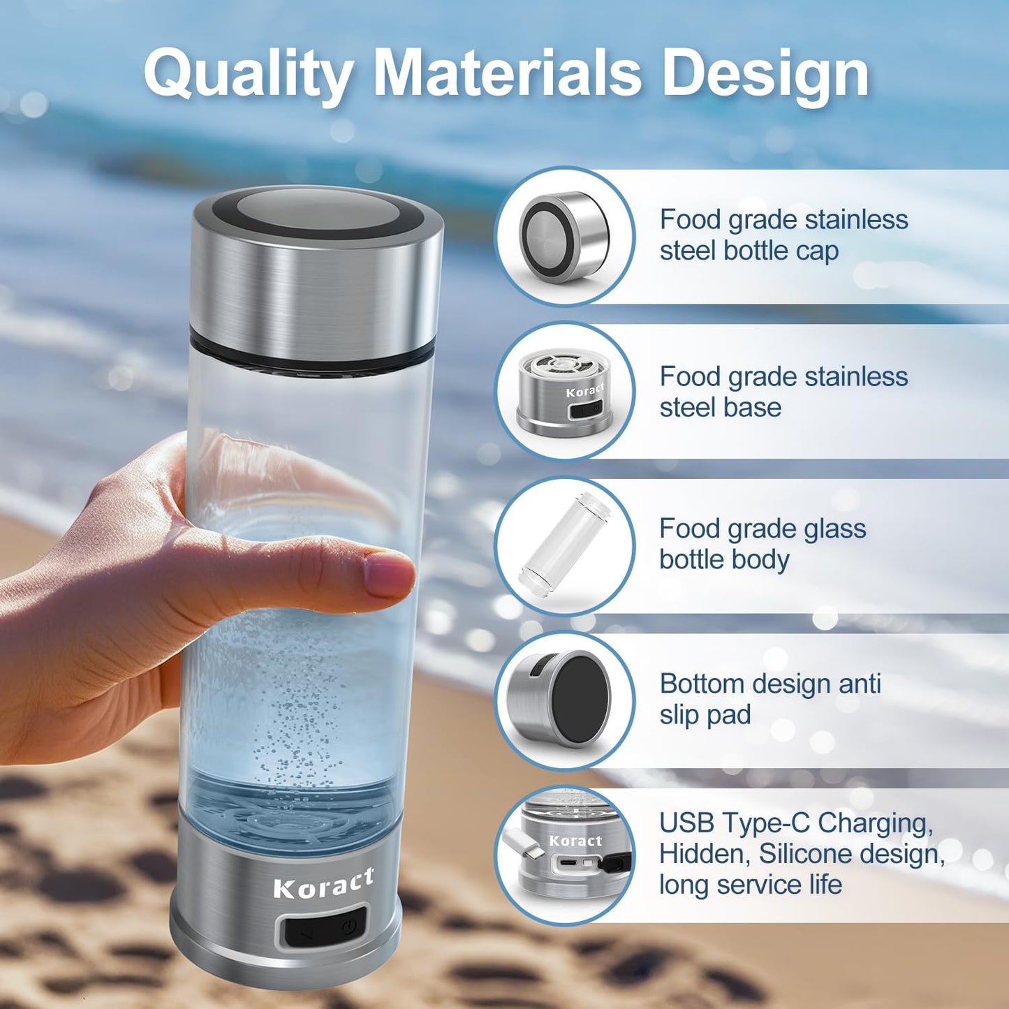 Hydrogen Water Bottle 1500PPB Portable Hydrogen Water Bottle Generator Glass, Hydrogen Rich Water Dispenser with SPE & PEM Technology, for Home Office Fitness Travel Outdoor Sports (Silvery)