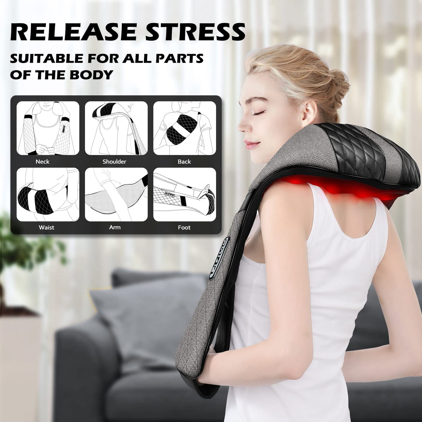 Blue Elf Shiatsu Electric Neck Back Massager Pillow 3D Kneading with Heat for Shoulder, Lower Back, Foot, Leg Muscles Pain Relief Relax in Car Office and Home (Gray)