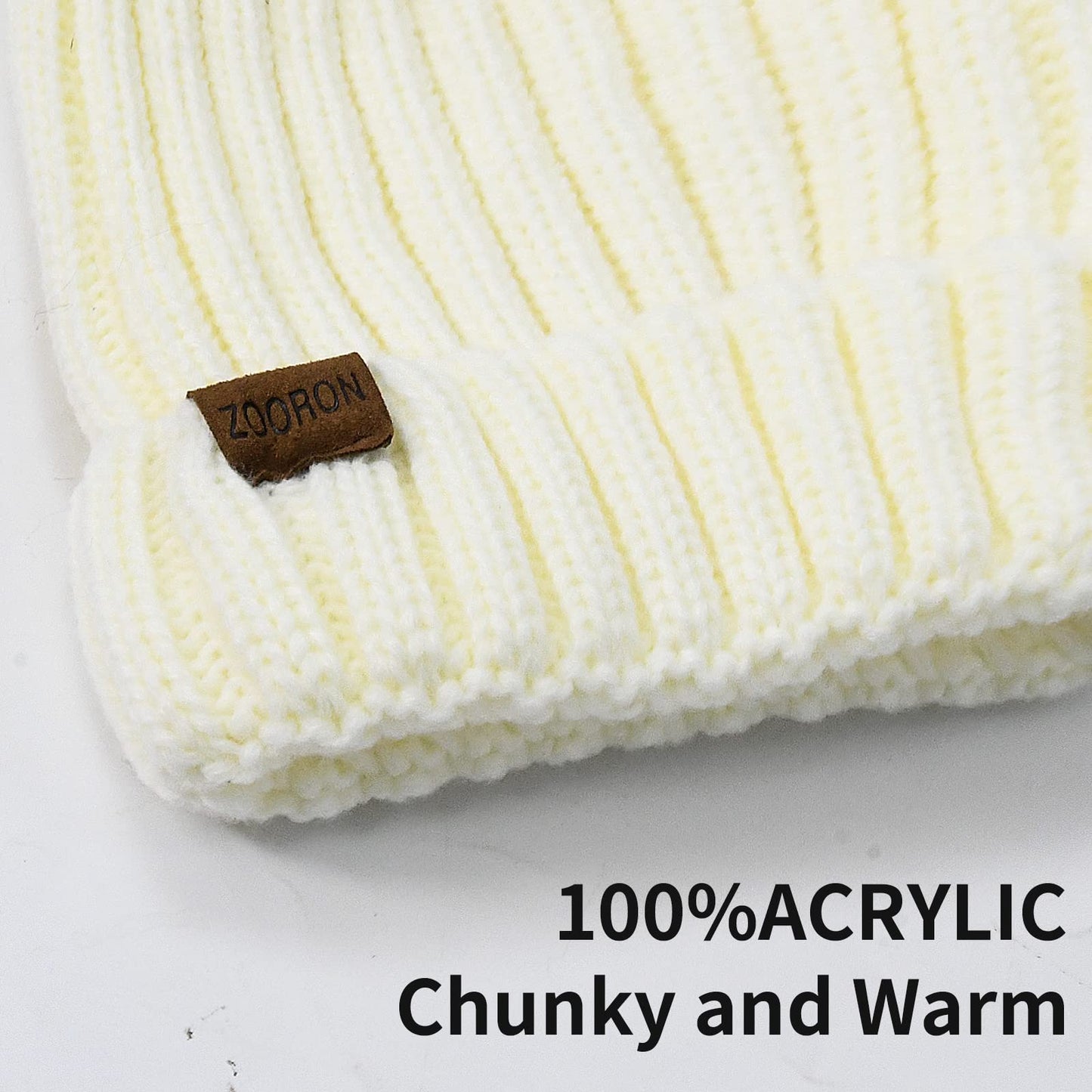 ZOORON Womens Winter Knitted Beanie Hat with Faux Fur Pom Beanie Warm Knit Skull Cap Beanie for Women White