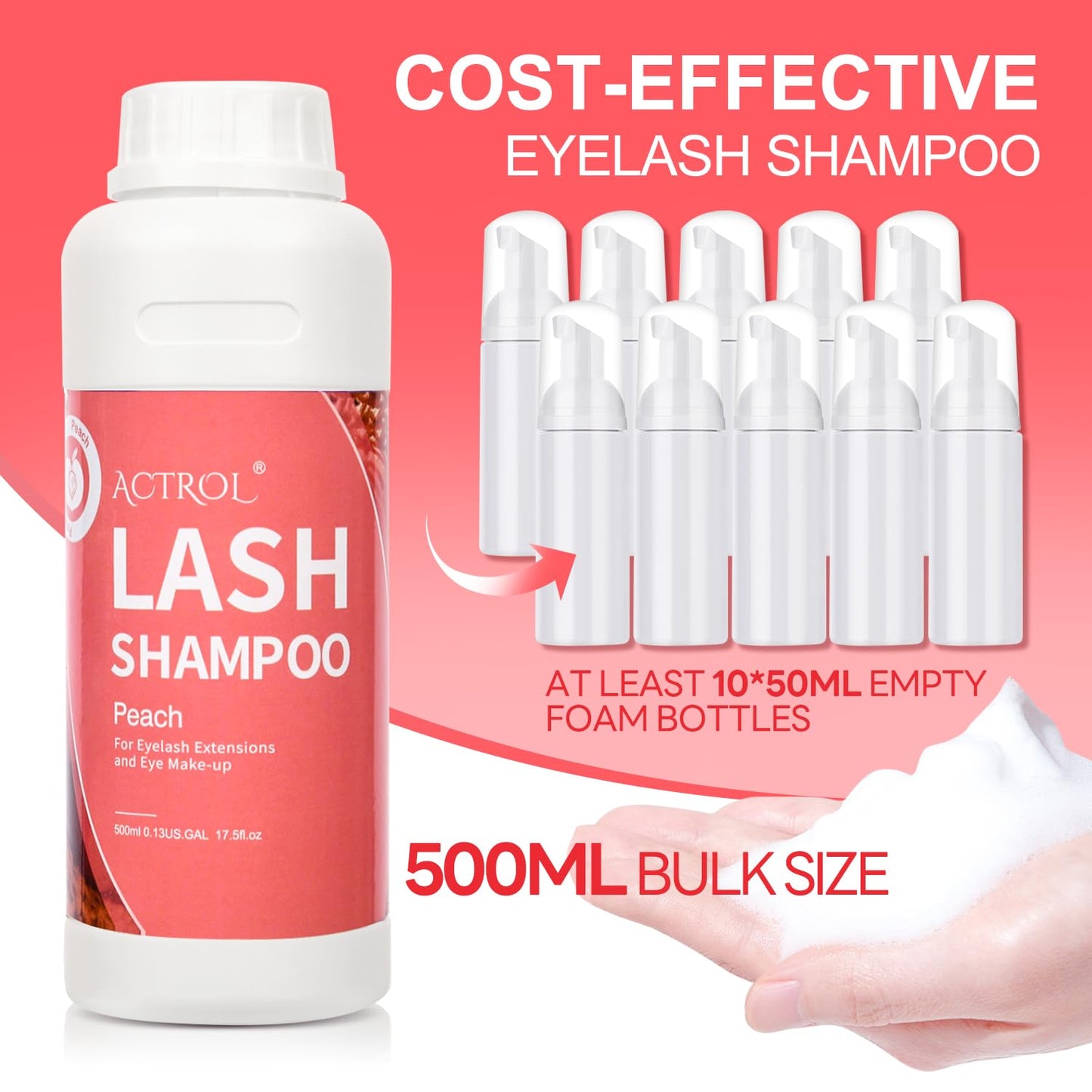 ACTROL Lash Extension Cleanser Peach 500ml Eyelash Shampoo Lash Wash Shampoo Lash Cleanser Foam with Salon and Home Care