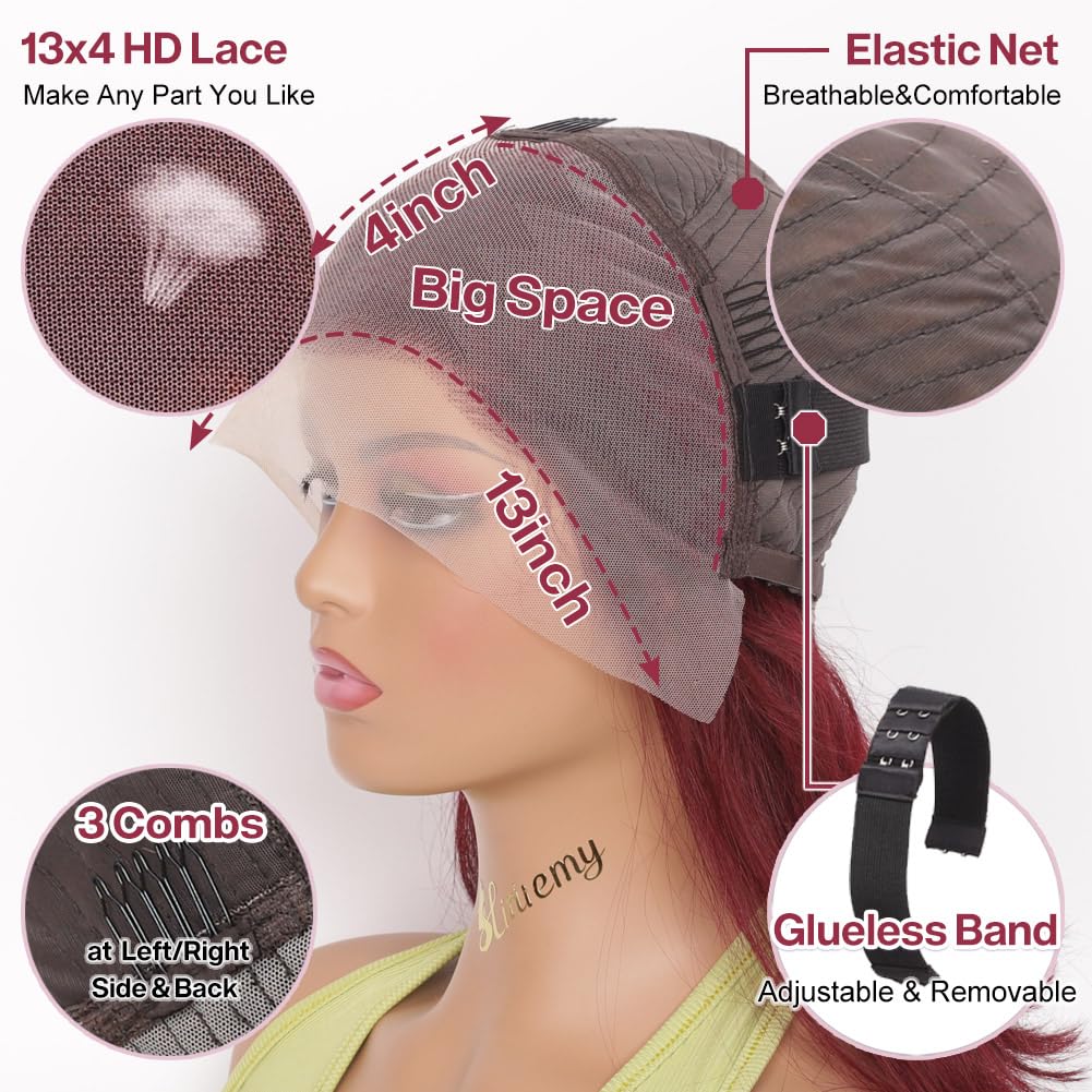 99J Burgundy Lace Front Wigs 13x4 HD Lace Frontal Glueless Straight Short Bob Wig Human Hair Bob Wigs for Black Women Human Hair Pre Plucked Natural Hairline Wine Red 12 Inch