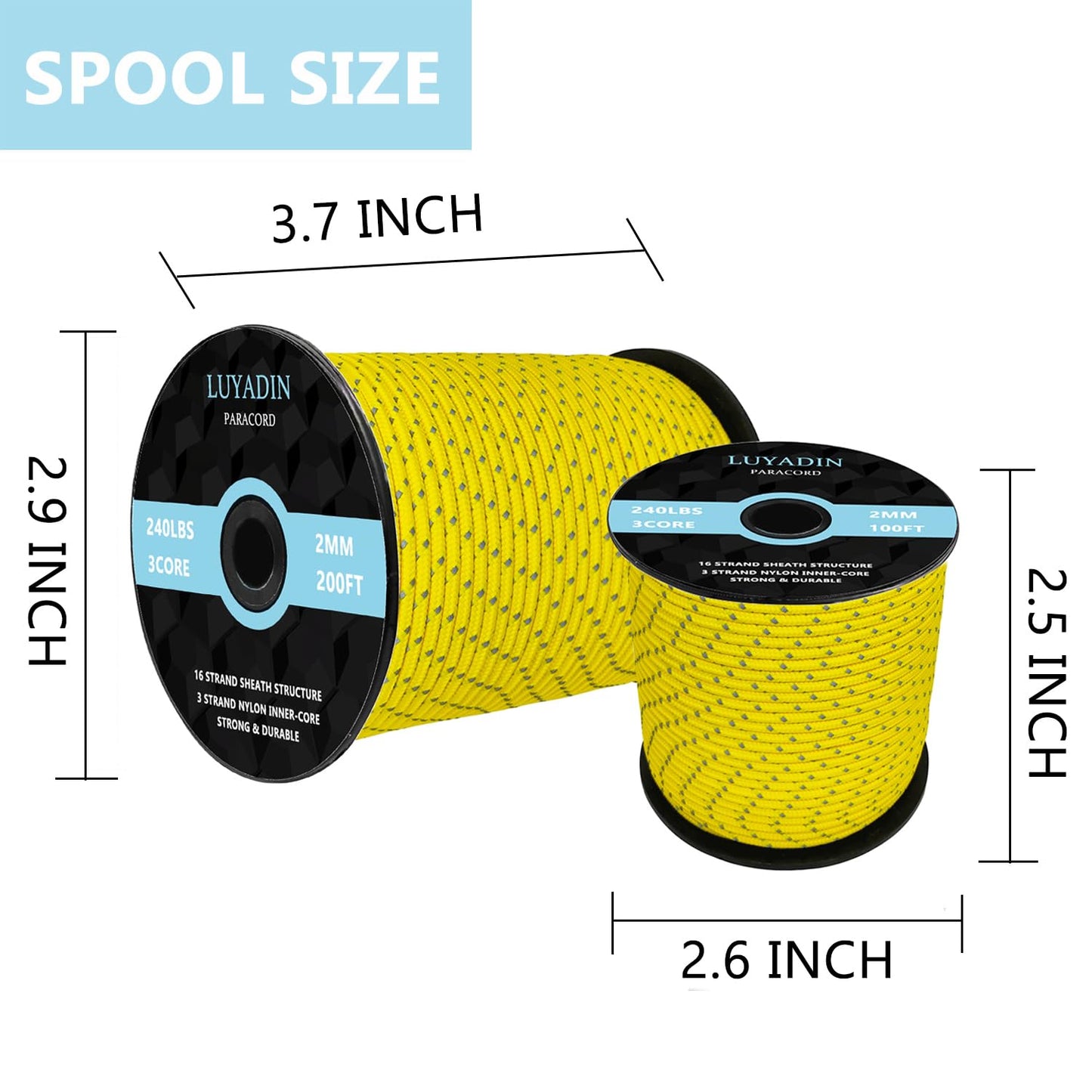 LUYADIN Reflective Paracord 240lb - Diameter 2mm Micro Utility Cord -3 Strand Parachute Spool Cord - 100ft 200ft,Paracord for Camping,Hiking,Fishing,Outdoor and DIY