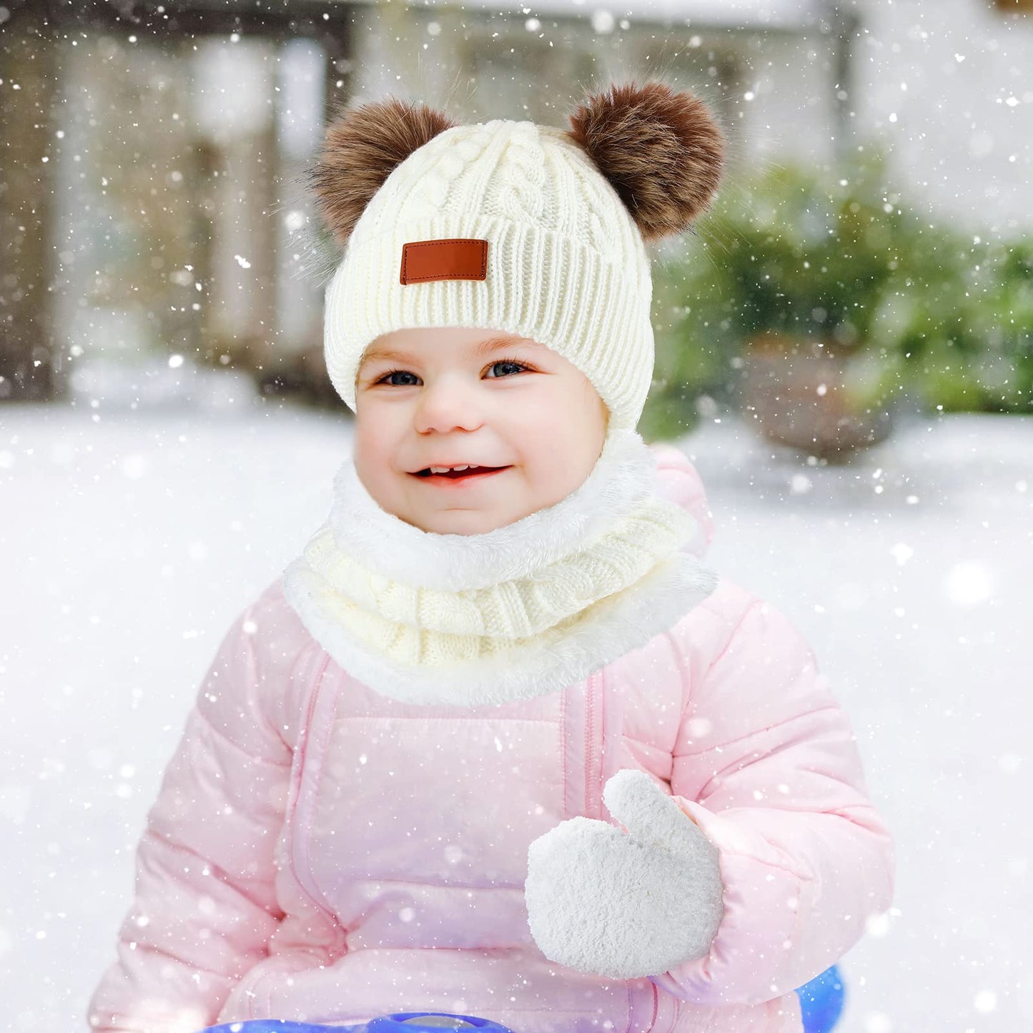 6 Pcs Toddler Kids Winter Hat Gloves Scarf Set Knit Beanie Hat with Pom Pom Mittens Neck Warmer for Baby Boys Girls 1-6 Year(Gray, White)