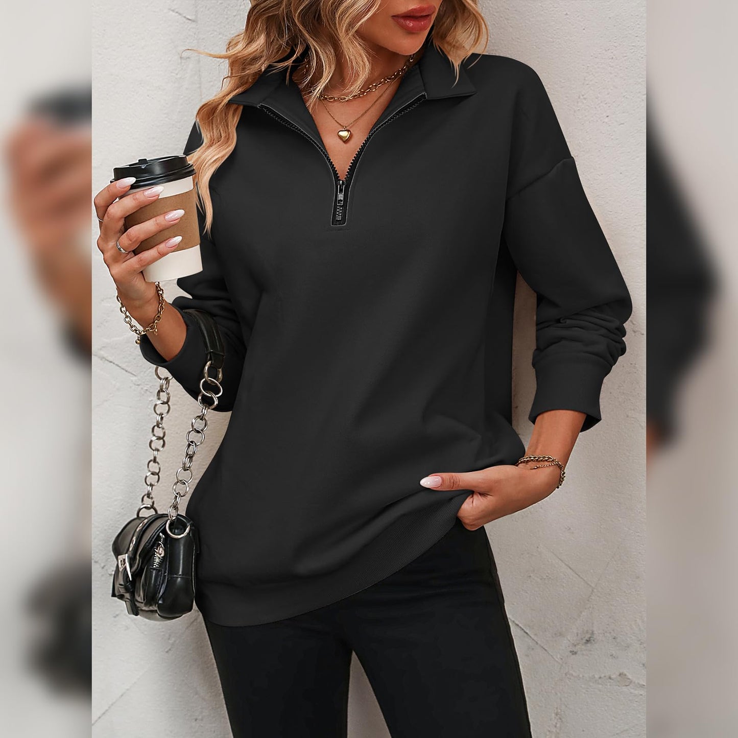 OBEEII Half Zip Sweatshirts for Women, Quarter Zip Long Sleeve Oversized Hoodies Sweaters Fleece Cropped Pullover Top for Teen Girl Y2K Fall Winter Clothes Black XXL