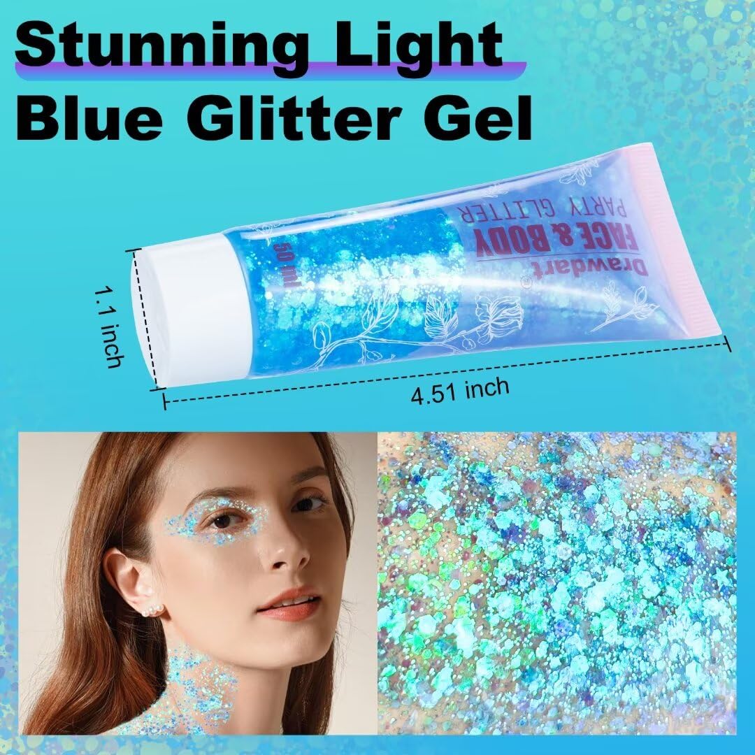 Drawdart Light Blue Face & Body Glitter,Chunky Glitter for Face Body Eye Lip Hair,Singer Concerts Iridescent Face Paint Glitter Makeup 50ml,Easy Application & Removal