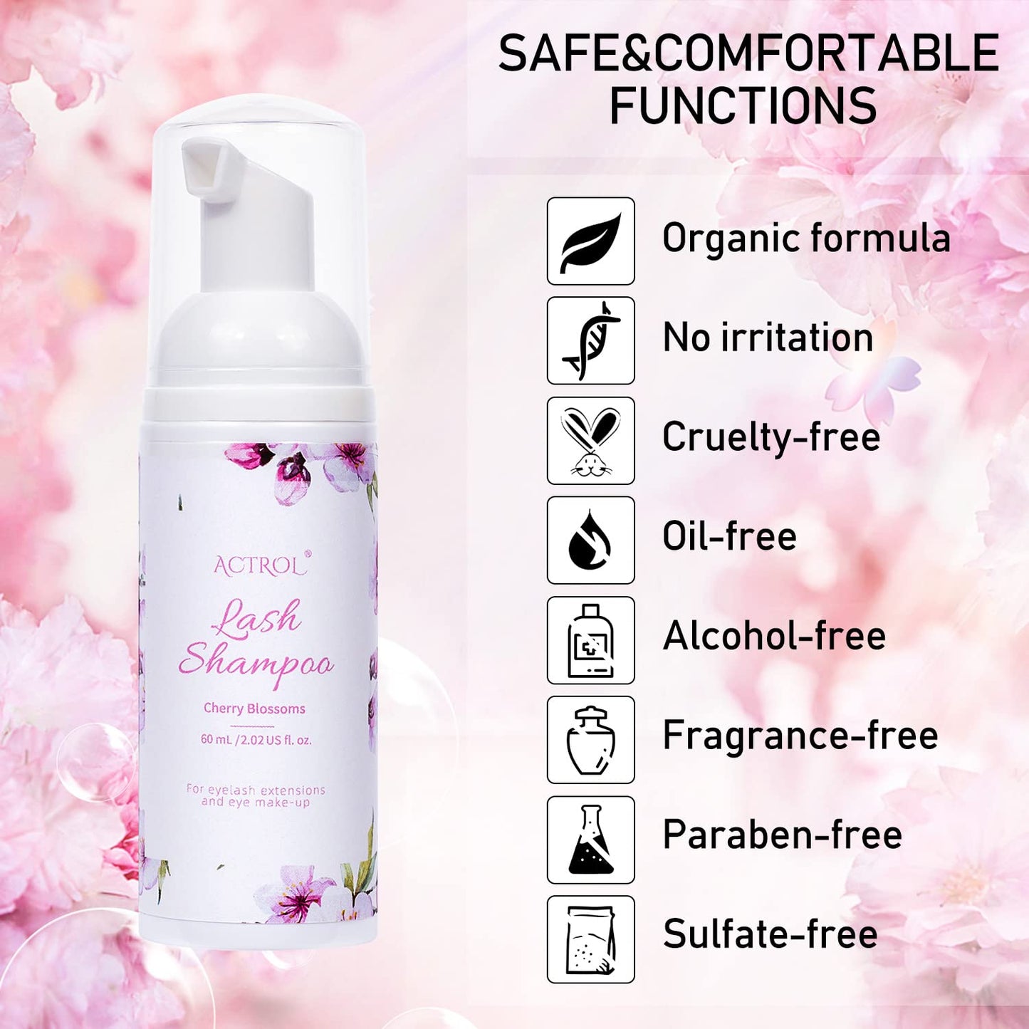 ACTROL Eyelash Extension Cleanser 60ML Natural Lash Extension Shampoo Cherry Blossom Professional Eyelid Foaming Cleanser Paraben & Sulfate Free Non-lrritating with Salon and Home Care