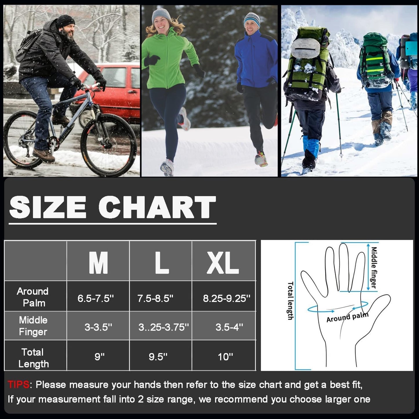 weiatas Winter Fingerless Gloves for Men Women Touch Screen, Cold Weather Thermal Sport Gloves for Fishing Running Cycling Driving Hiking, Warm Windproof Work Gloves (X-Large)