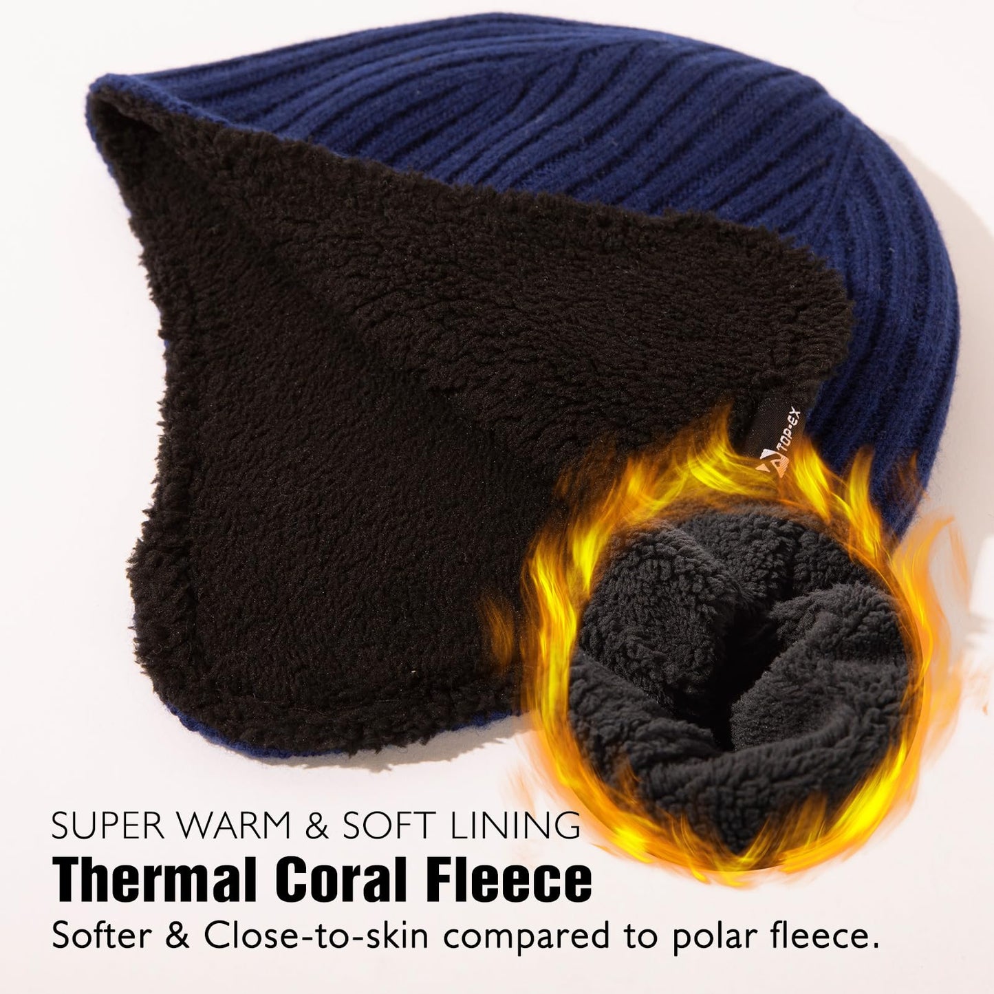 Oversized XL/XXL Merino Wool Blend Fleece Lining Waterproof Earflap Beanie Hat Extra Large Big Head Men Women Winter Knit Warm Skull Cap Skiing Cold Weather Navy Blue