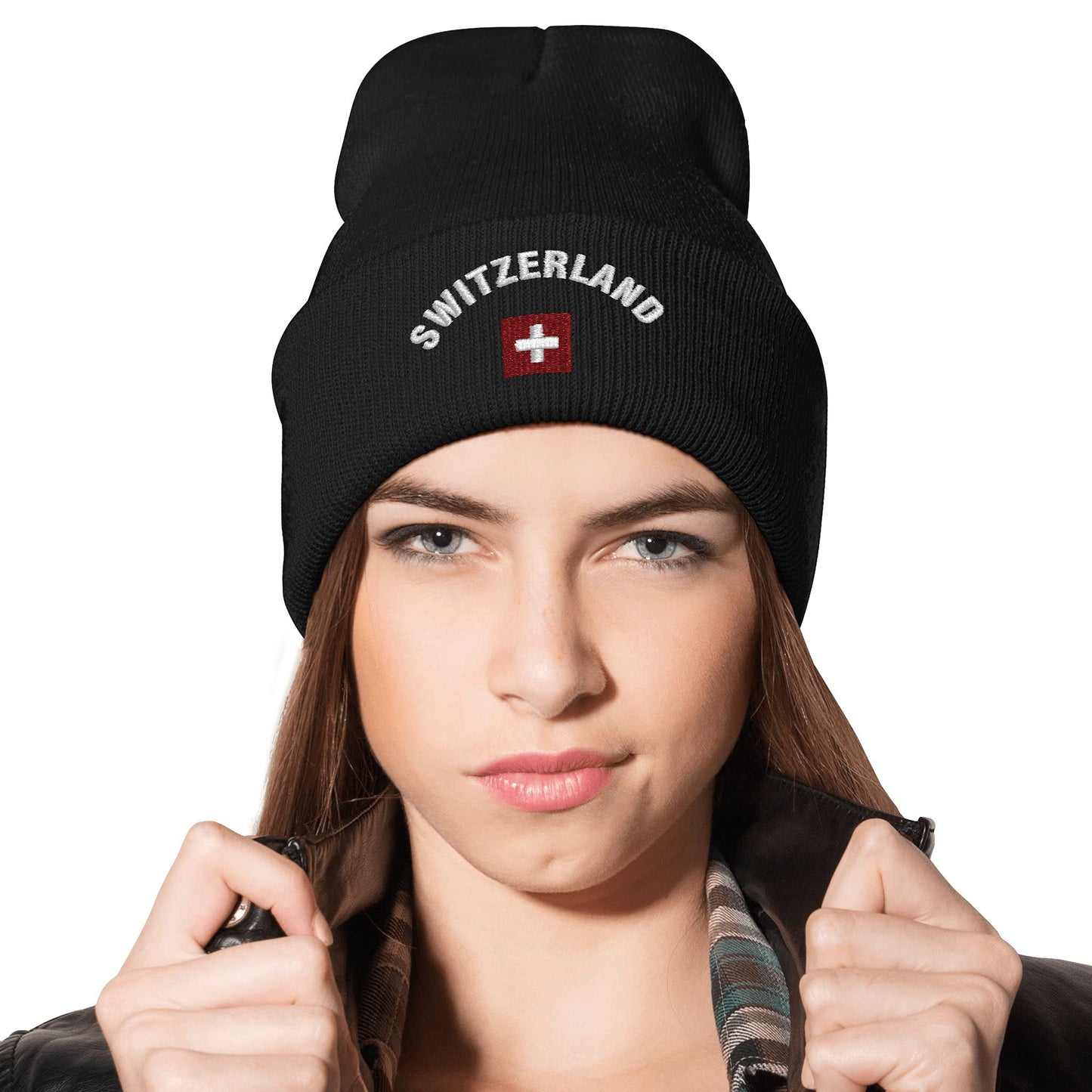 MiAnMiAn Swiss Flag Embroidery Beanie Knit Hats for Men & Women, Embroidery Winter Hats Skull Cap