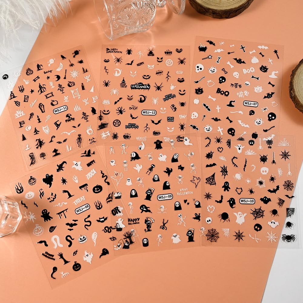 12 Sheets Halloween Nail Stickers Decals Skull Ghost Nail Decals Bat Spider Web Nail Stickers for 3D Adhesive Nail Art Stickers Pumpkin Nail Decals with Design Glow in The Dark for Women Decorations
