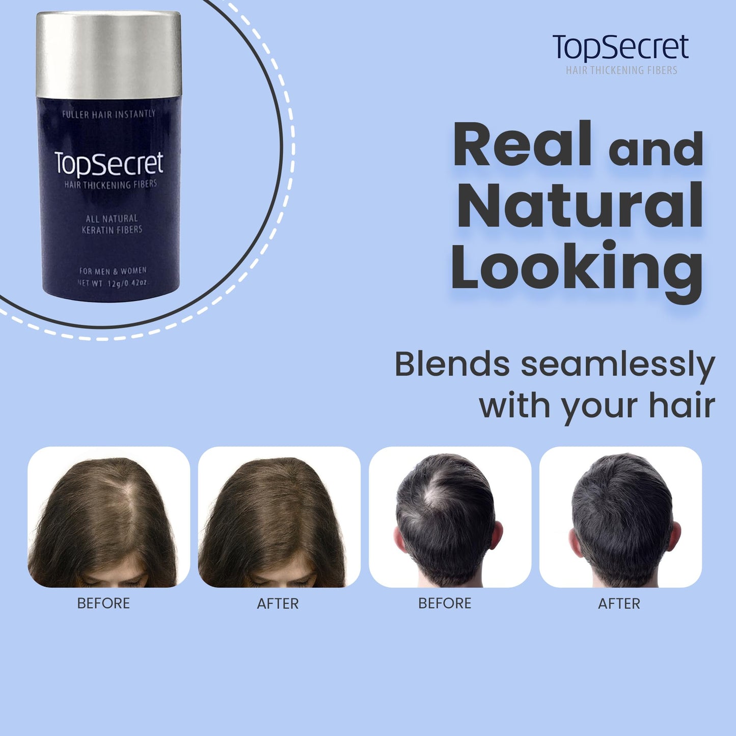 Top Secret Hair Thickening Building Fibers Refills - Undetectable & Natural Hair Filler - for Men & Women - Instantly Fill In Fine Thinning Hair - Weather & Sweat Resistant (Black, Large)