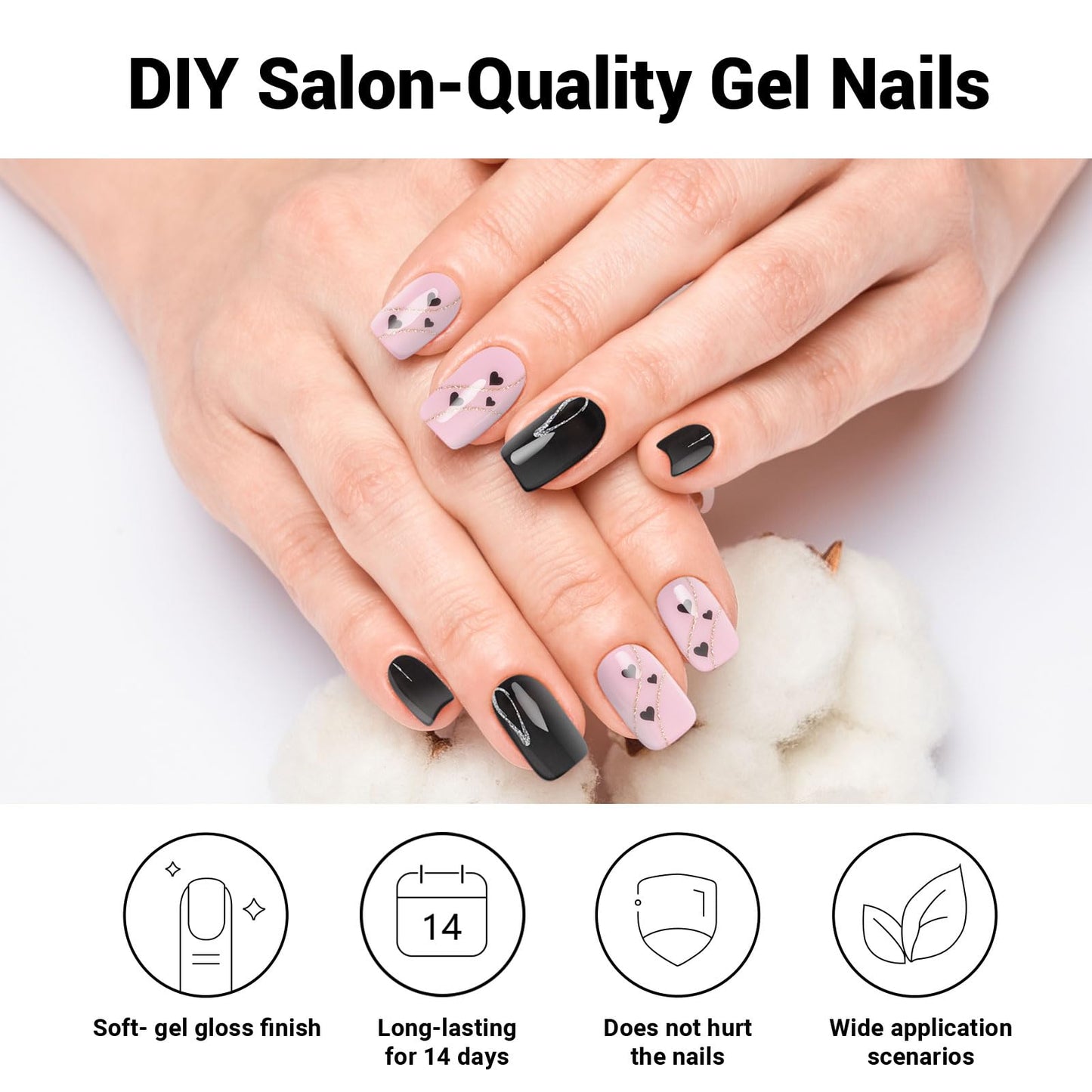 DUKASOU Semi Cured Gel Nail Strips, Black Heart | 28 pcs Gel Nail Strips Work with Any UV Lamp, Salon Quality Nail Stickers, Include Prep Pads, Nail File&Wood Stick