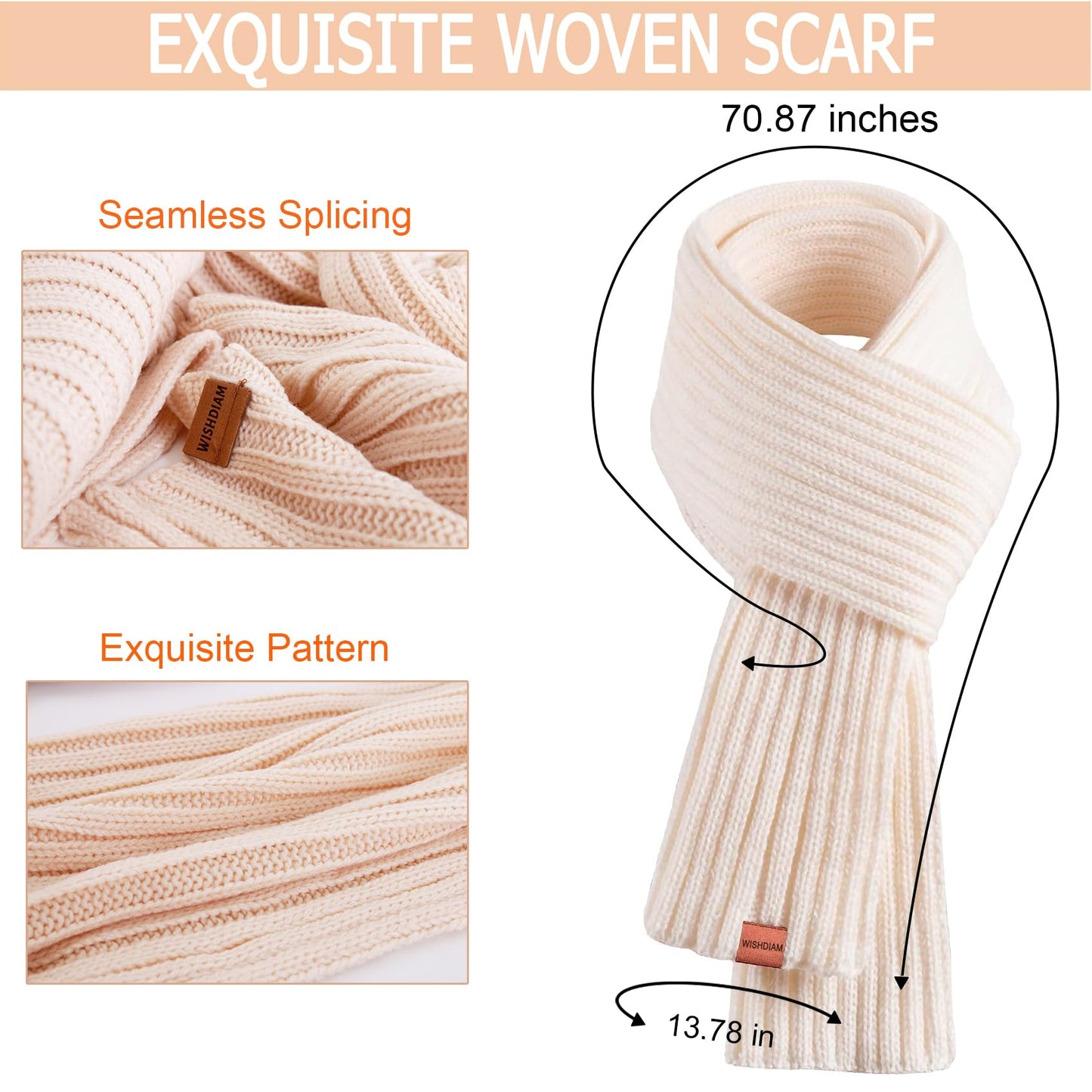 Women Beanie Hat Scarf Gloves Set, Women Winter Knitted Beanie Hat with Pom Pom Long Scarf Warmer Gloves with Touchscreen Set for Cold Weather, Warmer for Girls Women (Apricot)
