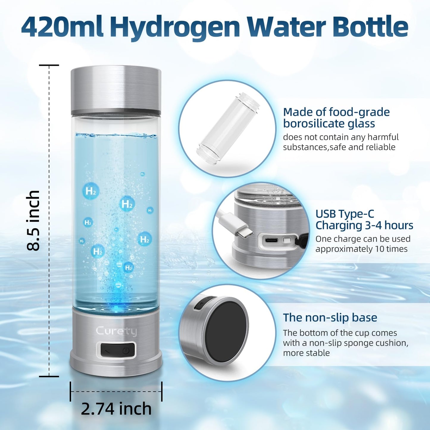 Curety Hydrogen Water Bottle Generator, Portable 1500ppb Hydrogen Water Machine with SPE/PEM Technology, Alternative for Hydrogen Water Pitcher, Water Ionizer, Hydro Water Bottle for Health