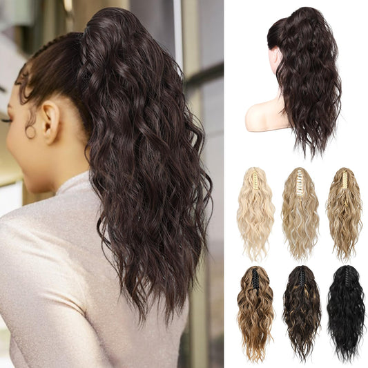 LONAI Ponytail Extension, 18" Wavy Claw Clip Ponytail Extensions ZJ001 Curly Wavy Claw Clip in Ponytail Hair Extensions Synthetic Fake Pony tails Hairpieces-Dark Reddish Brown