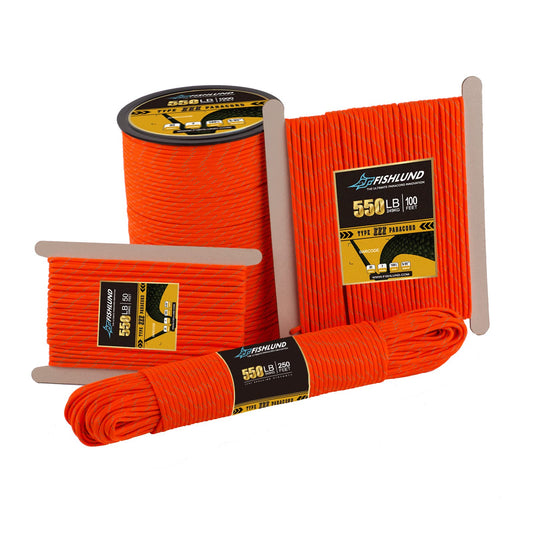 FISHLUND Reflective Paracord 550 lb, 7 Strand Type III Paracord Rope 50ft 4mm, High Strength Nylon Parachute Cord for Camping, Survival, Fishing, Tactical and Hiking, Neon Orange