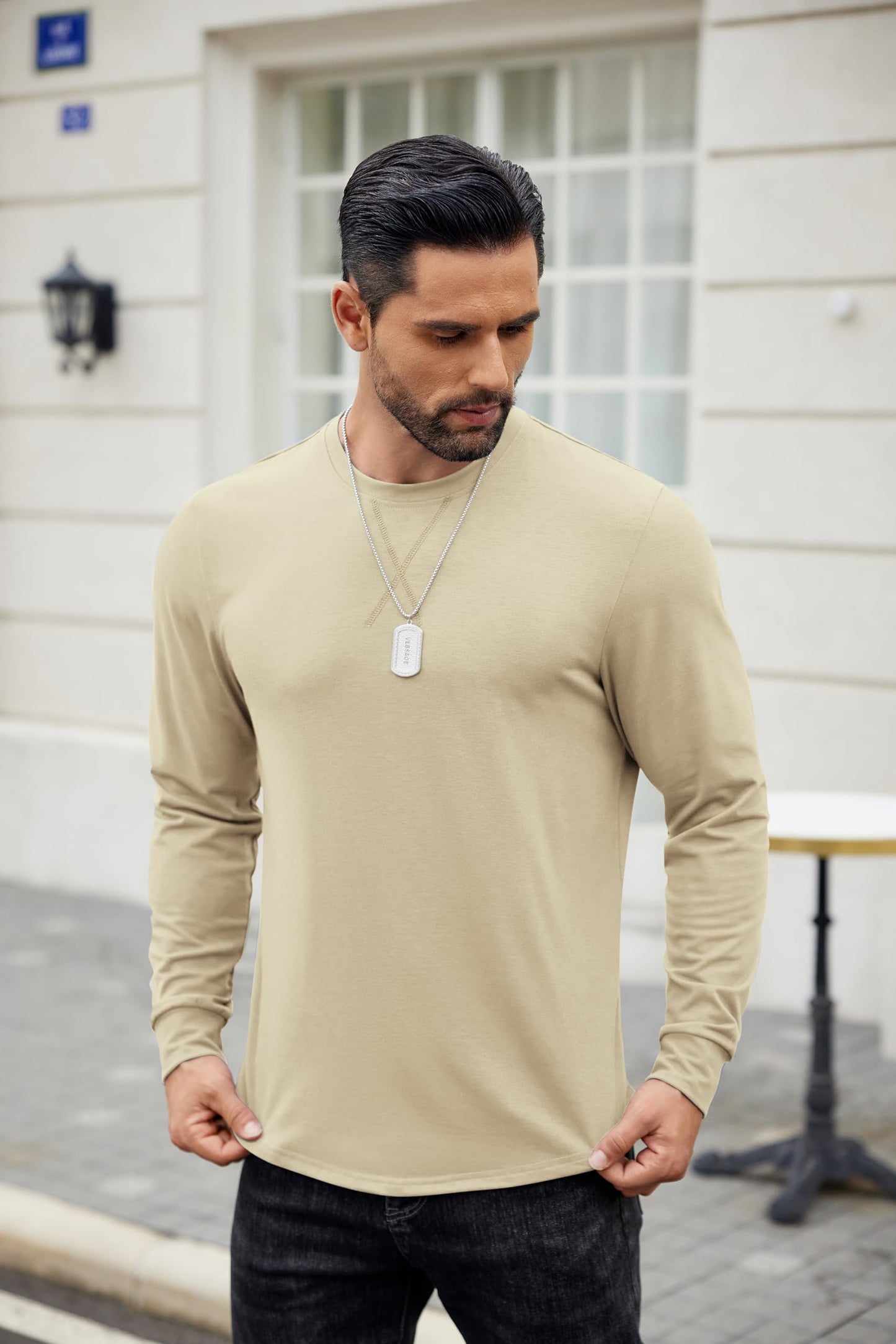 COOFANDY Mens Long Sleeve T Shirts 2 Pack Curved Hem Muscle Tees Cotton Crew Neck Basic Tops Fitness Drop Cut Hipster Shirt 2024 Winter Fashion Casual Shirt