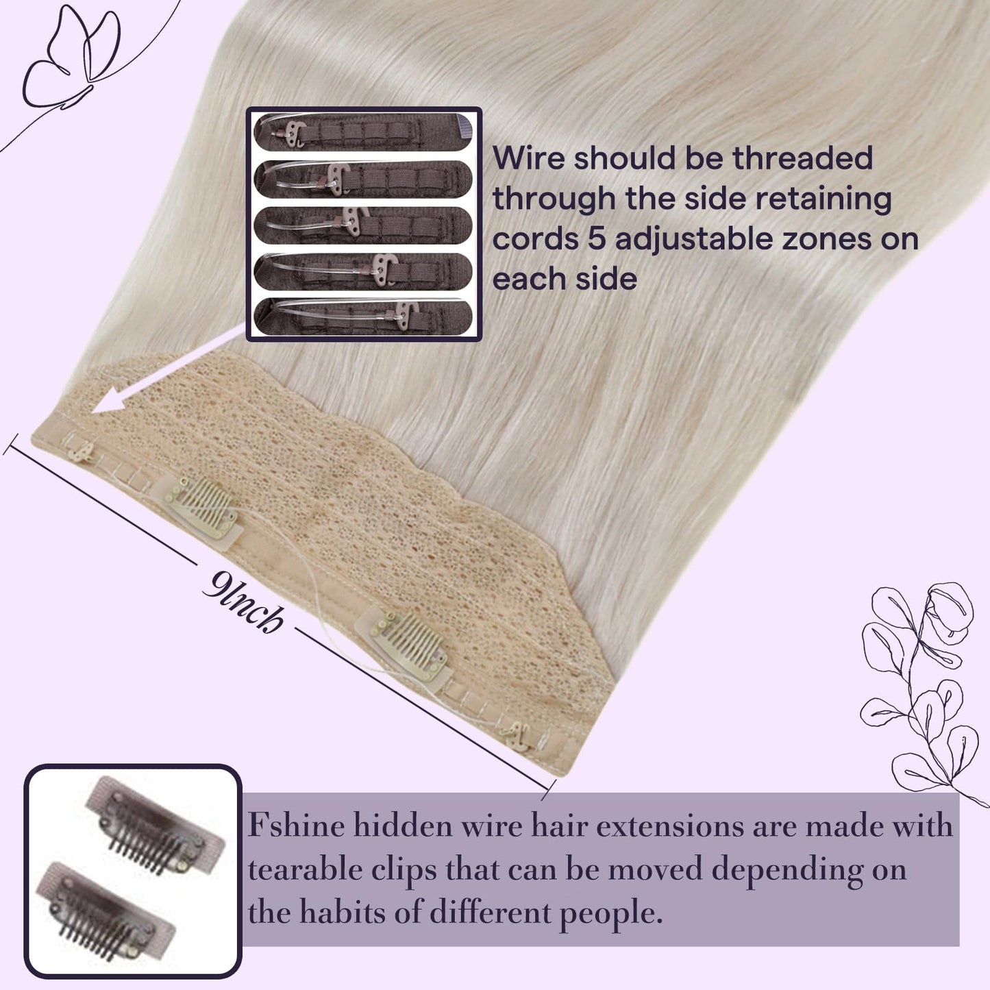Fshine Invisible Wire Human Hair Extensions Off White Hidden Wire Hairpiece 16 Inch Adjustable Fishing Line Hair Extensions Clip Ins 100G