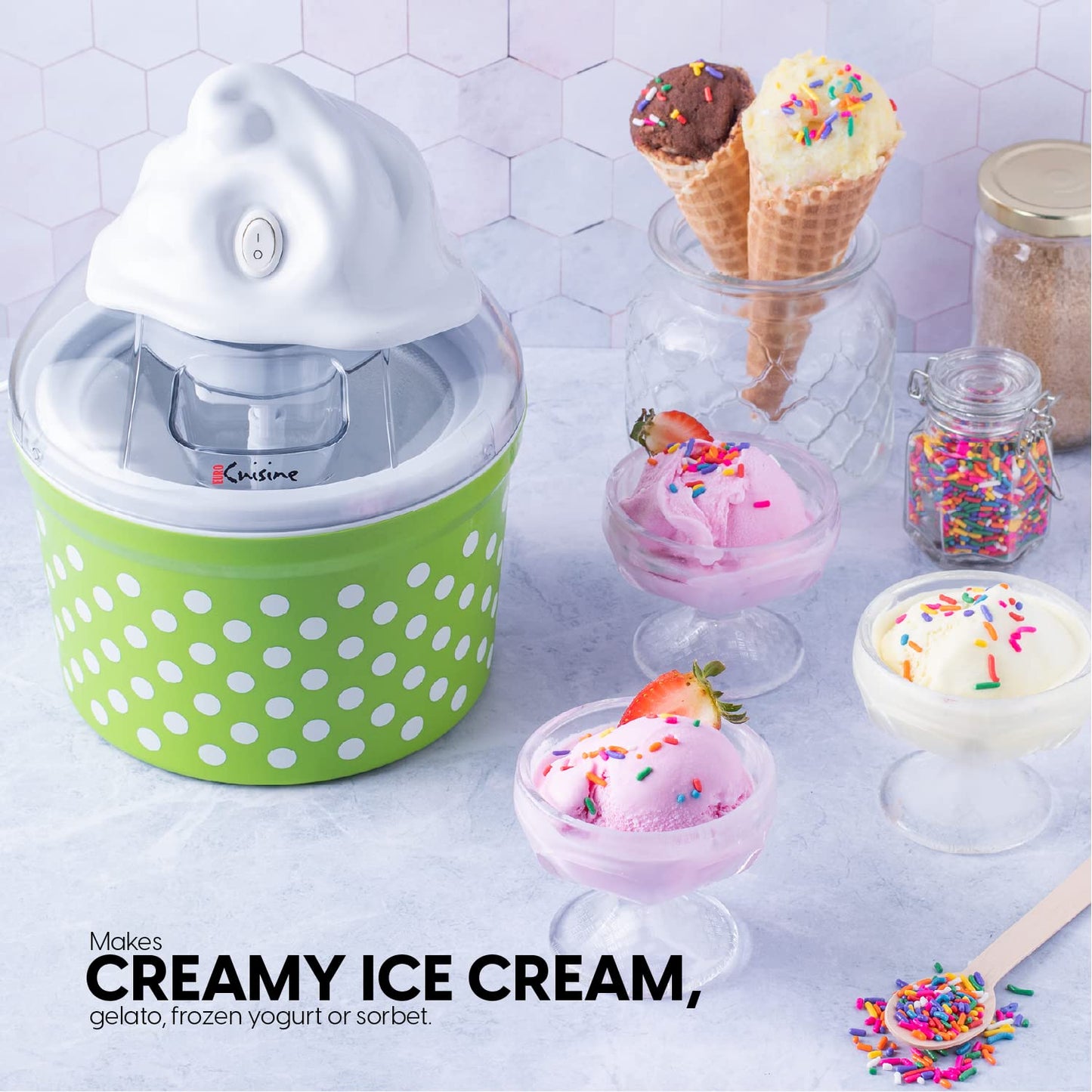 Euro Cuisine Ice Cream, Sorbet & Frozen Yogurt Maker, Homemade Gelato & Soft Serve Kids Ice Cream Maker Machine with 4 Glass Cups - Double-Insulated Freezer Bowl, Mixing Paddle, Lid - 1.5 Quart