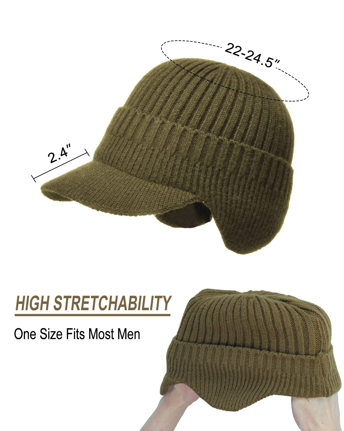 Koreshion Men's Winter Visor Beanie Hat with Earflaps Knit Baseball Cap with Brim Ski Hat Warm Fleece Lined Hunting Hat Khaki