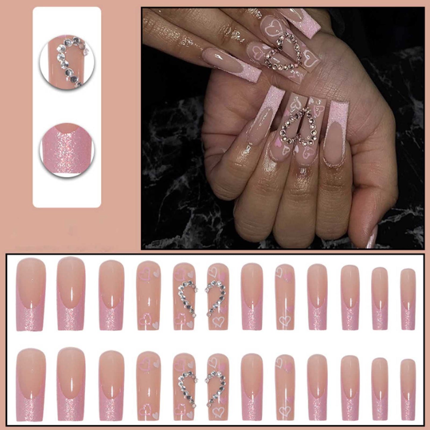 DANMANR Long Press on Nails Square French Fake Nails Full Cover Nude Acrylic False Nails for Women and Girls 24PCS (Pink Luxury)