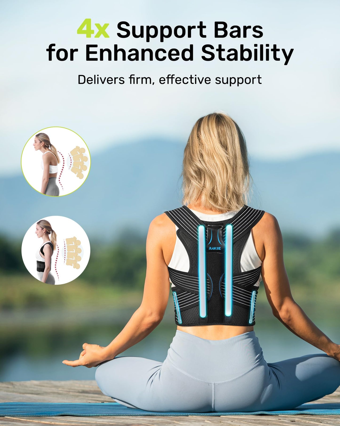 Rakiie Posture Corrector for Women and Men, Upgraded Back Brace with Enhanced Support, Shoulder Straightener with Cushioned Shoulder Pads & Underarm Pain Relief Strap, Size M (Upper Waist: 35.4"-41.3")