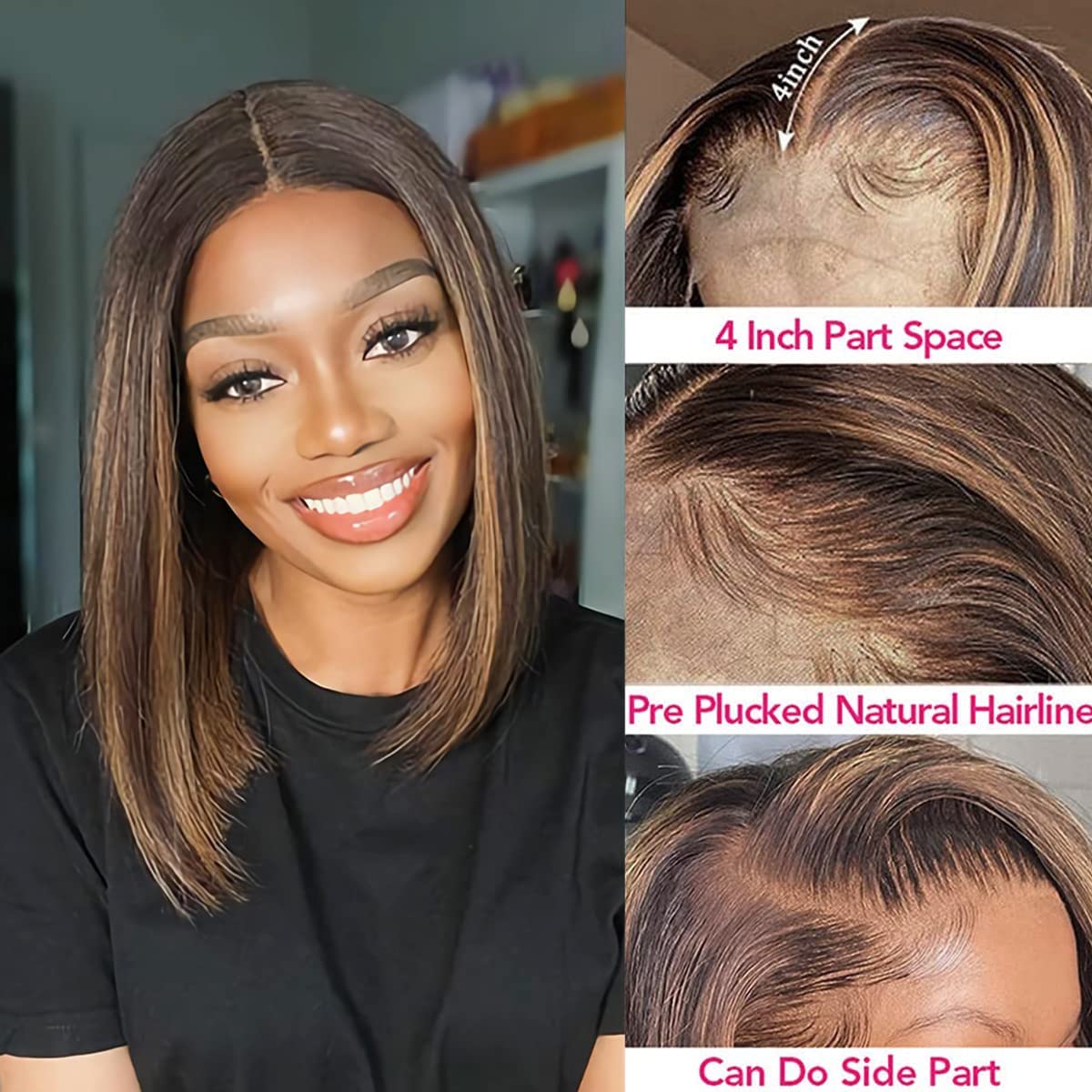 Colorful Bird Highlight Ombre Lace Front Bob Wig Human Hair Straight Balayage FB30 Honey Blonde Human Hair Bob Wigs for Women 4x4 Lace Closure Wigs 150% Density Pre Plucked 12inch