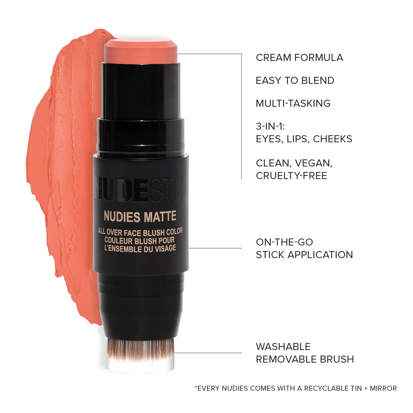 Nudestix Nudies Matte Cream Blush Stick 3-in-1 All Over Face Color - Blush Stick for Cheeks Eyes and Lips - Cream Blush for Cheeks w/Blending Brush (Salty Siren)