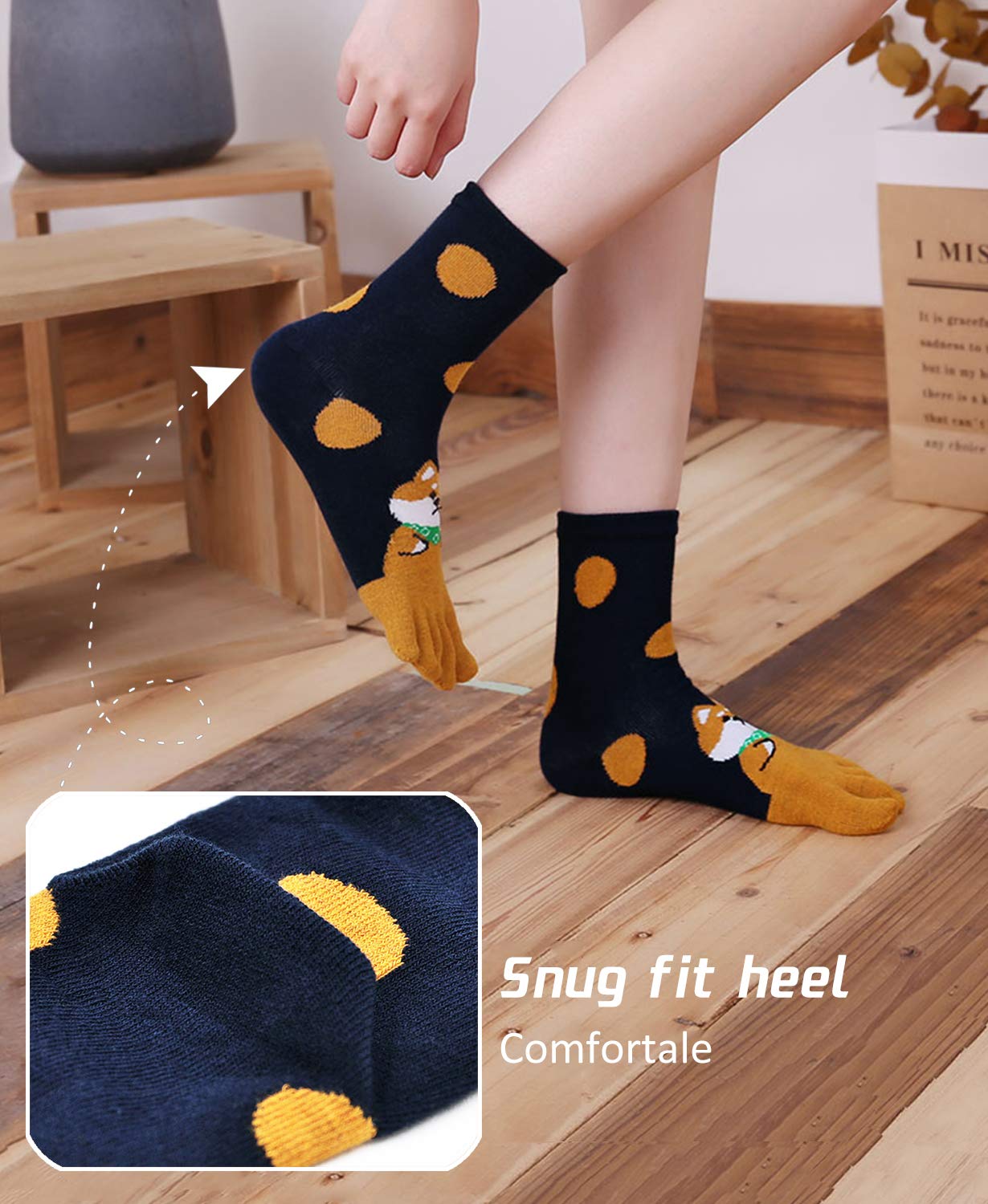 Hellomamma Women's Toe Sock Cute Cat Dog Ankle Sock Cotton Athletic Running Five Finger Socks for Girls Multicolor 5-12