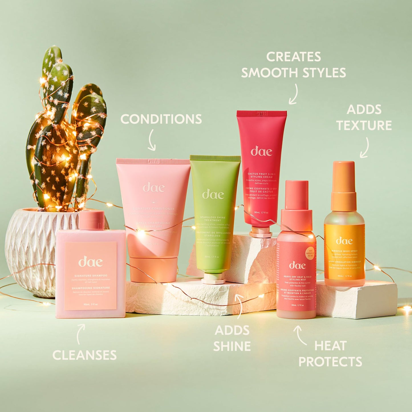 DAE Hair Merry Little Minis Set (3-1 Styling Cream, Signature Shampoo & Conditioner, Dry Heat Mist, Hibiscus Wave Spray & Stargloss Treatment)
