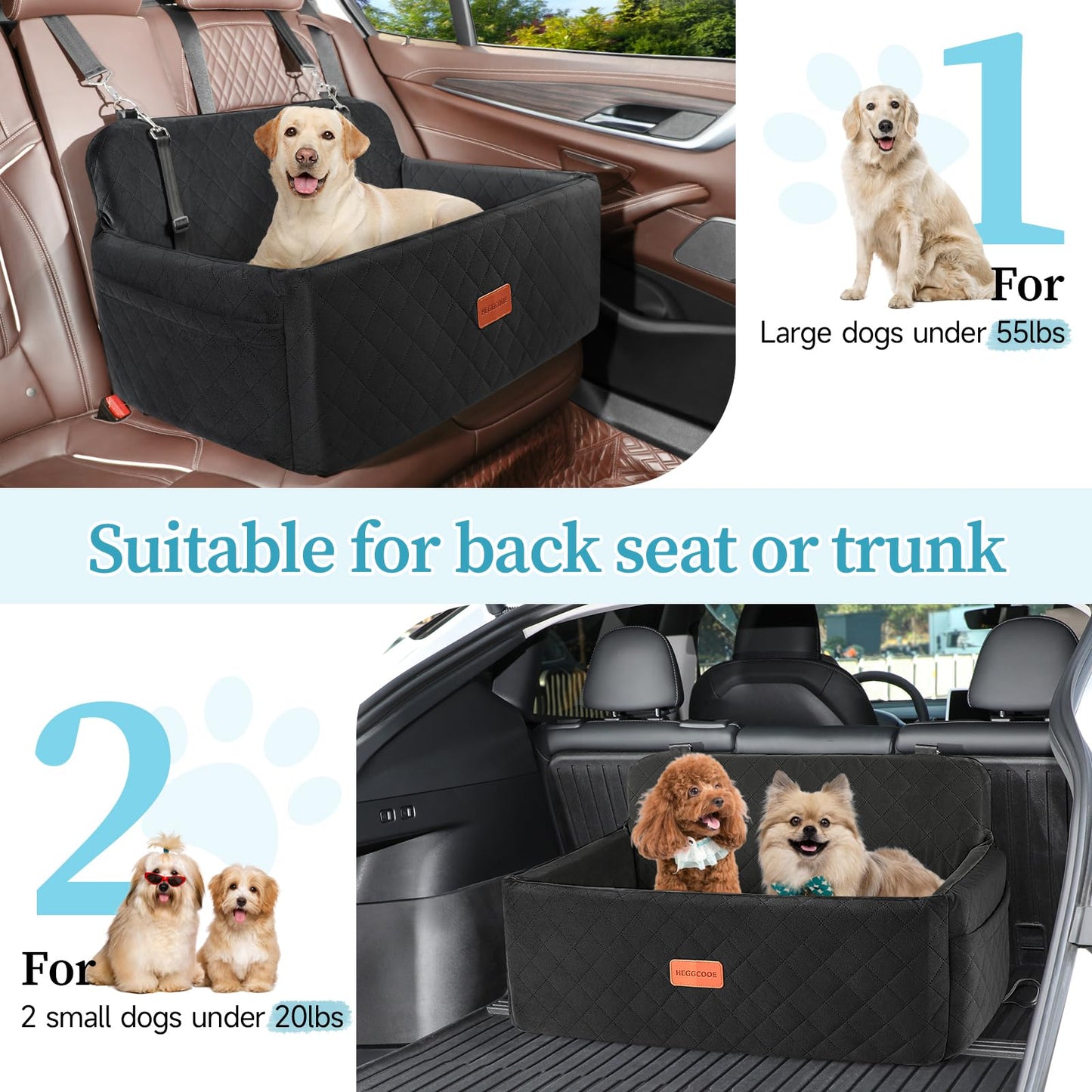 HEGGCOOE Dog Car Seat for Medium/Large Dogs, Pet Booster Seat for Under 55 lbs or 2 Small Dogs, Detachable & Washable Dog Car Bed for Backseat with 2 Safety Leashes(Black)