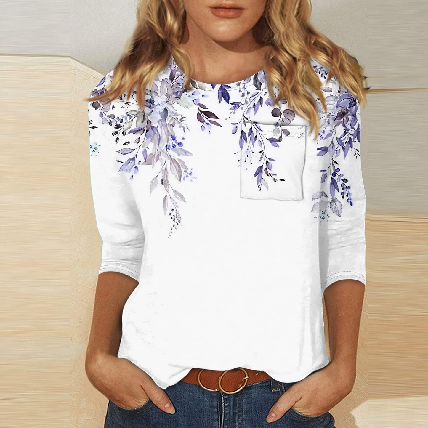 Womens 3/4 Sleeve Tops Layering Pocket Casual Crewneck T Shirts Printed Cute Ethnic Three Quarter Blouses Country Tunic Tops to Wear with Leggings Concert Outfits Womens 3/4 Sleeve T Shirts 2024