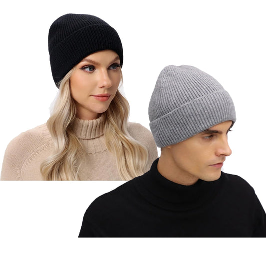 ZOORON Beanie for Women Men Warm Winter Hats Unisex Cuffed Plain Skull Knit Hat Cap Thick Fisherman Beanies Black&Gray