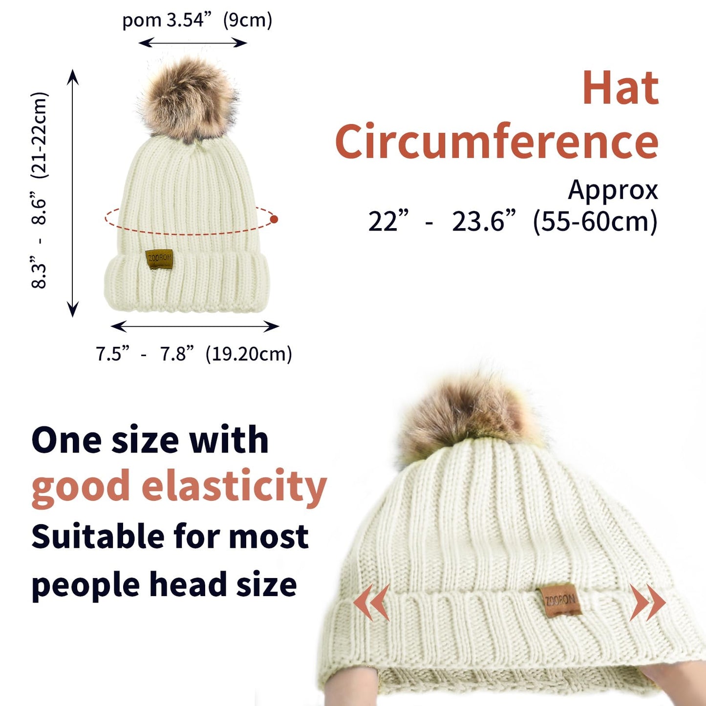 ZOORON Womens Winter Knitted Beanie Hat with Faux Fur Pom Beanie Warm Knit Skull Cap Beanie for Women White
