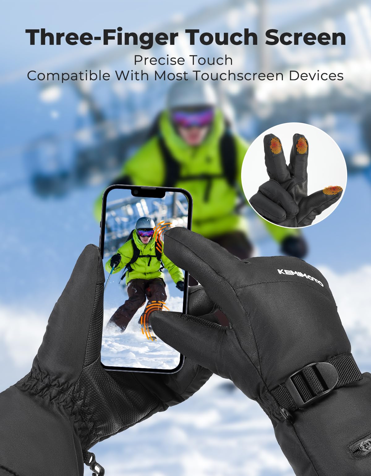 KEMIMOTO Ski Gloves for Men Women, Winter Warm Snowboard Gloves with Wrist Leashes and Pockets, Waterproof Snow Gloves for Skiing, Snowboarding, Shoveling & Outdoor Sports