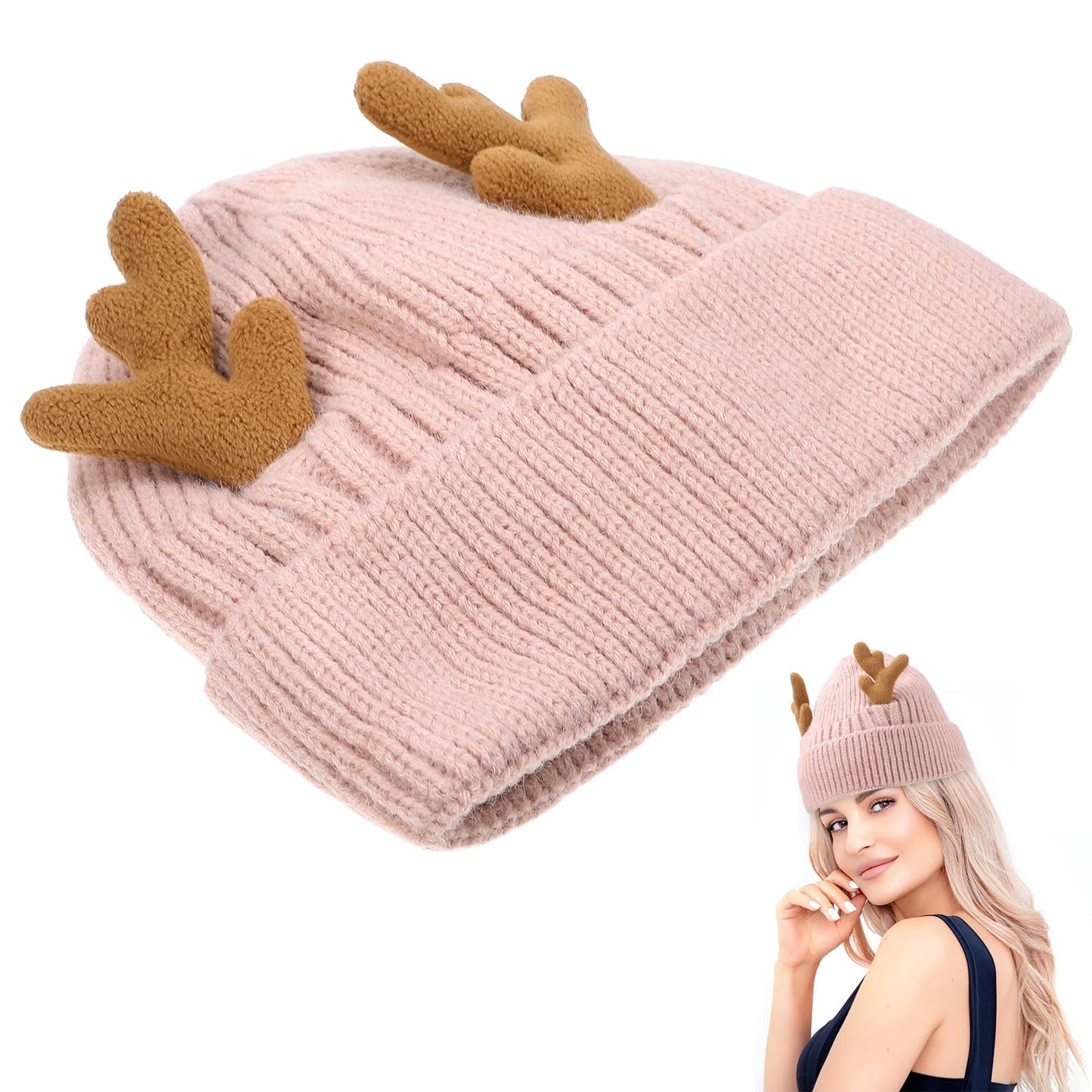 MAGICLULU Baby 1 Pack Reindeer Beanie Antler Warm Cap Christmas Knitted Beanie Hat for Adults Women Adults() Christmas Pink