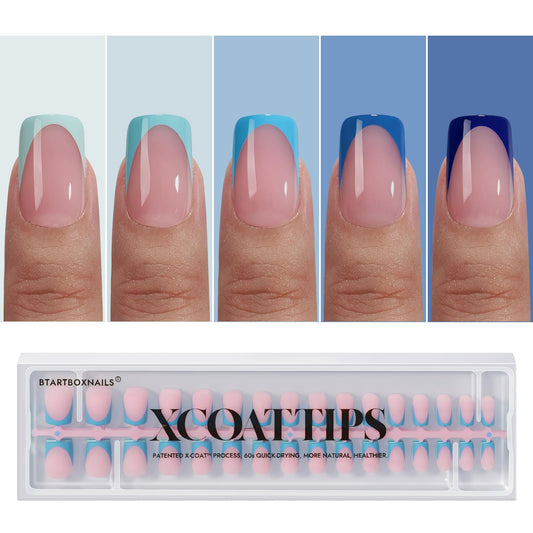 BTArtboxnails XCOATTIPS French Tip Press On Nails - Blue Press On Nails Short, Square Fake Nail Tips, 160Pcs Soak Off Soft Gel Acrylic Nail Extension in 16 Sizes
