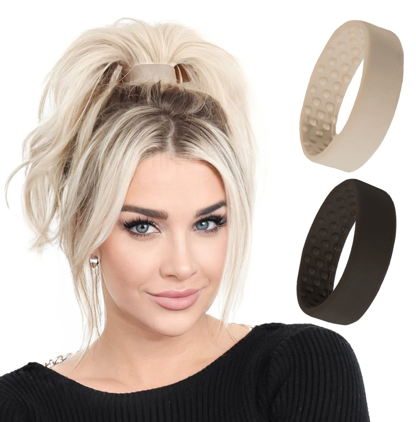 PONY-O- Fine, Medium or Slightly Thick Hair - Original No Damage Volumizing Ponytail Hair Ties - Patented Bendable Design - Stylish Hair Accessories for Women - 2 Pack Black & Dark Blond - Medium