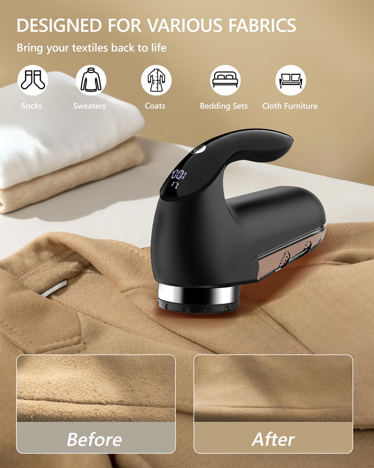 Electric Fabric Shaver Electrostatic Brush, LED Display, 2-Speeds, Rechargeable Sweater Shaver,Black