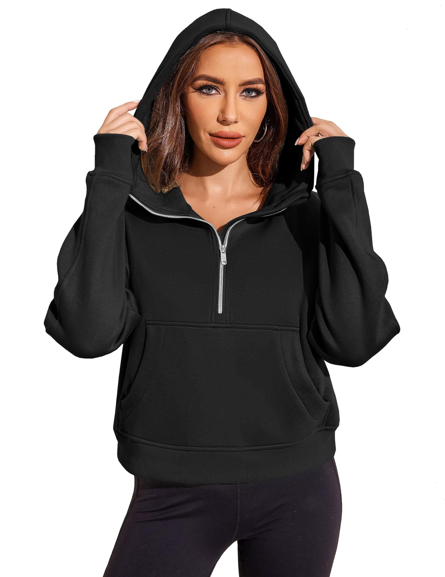 Zeagoo Womens Zip Up Hoodies Fleece Half Zip Sweatshirts Pullover Sweaters Fall Outfits Winter Clothes 2023 Black XXL