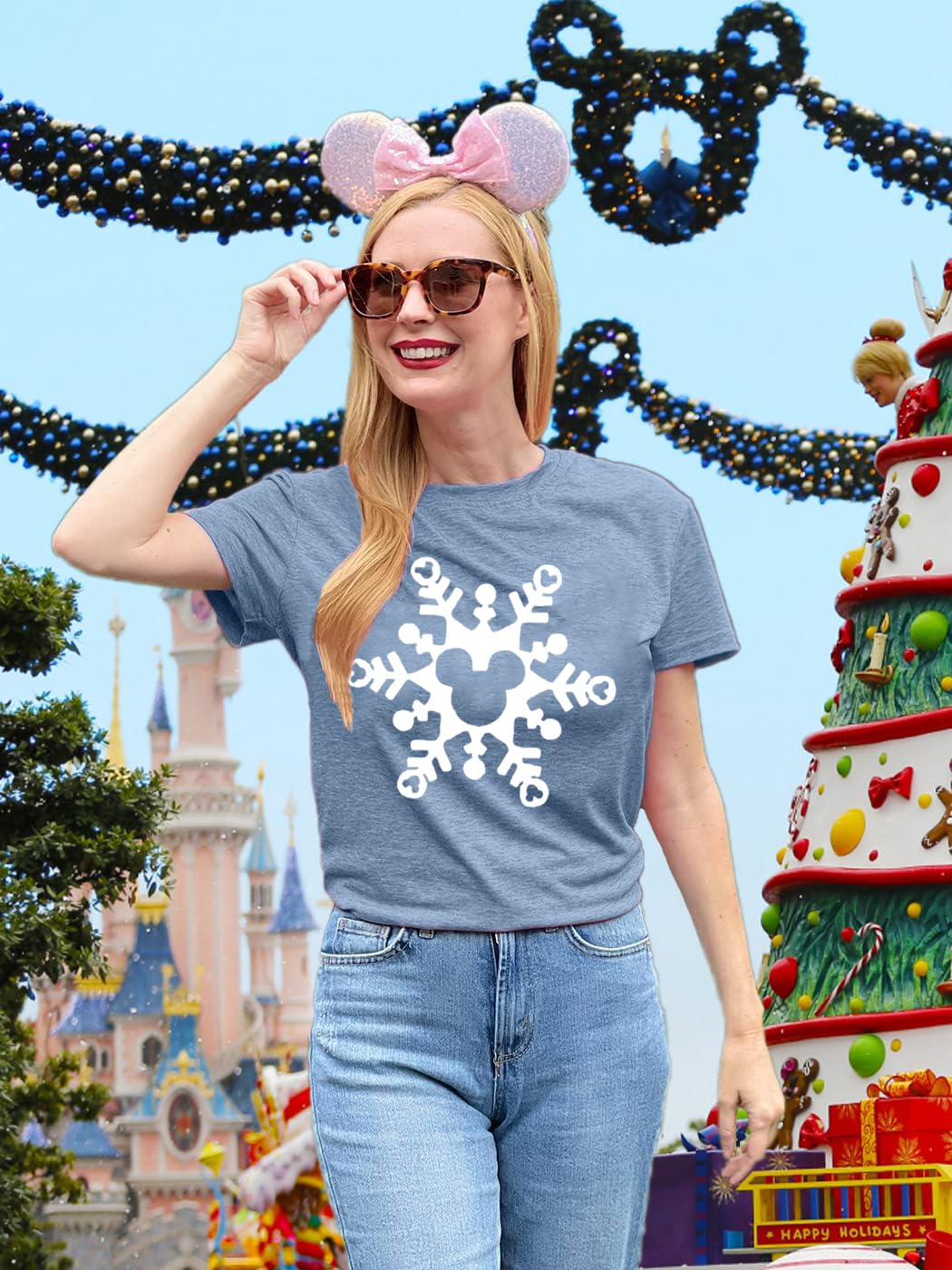 Magic Christmas Shirts for Women Cute Snowflake Graphic Tees Winter Letter Print Short Sleeve Xmas Tops-M (Ink Blue)