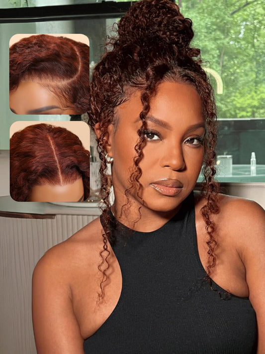 UNICE Bye Bye Knots Glueless Wig 7x5 Pre Cut Lace Front Wigs Human Hair Reddish Brown Deep Curly Invisible Knots Pre Everything Put on and Go Human Hair Wig Pre Plucked 150% Density 14inch