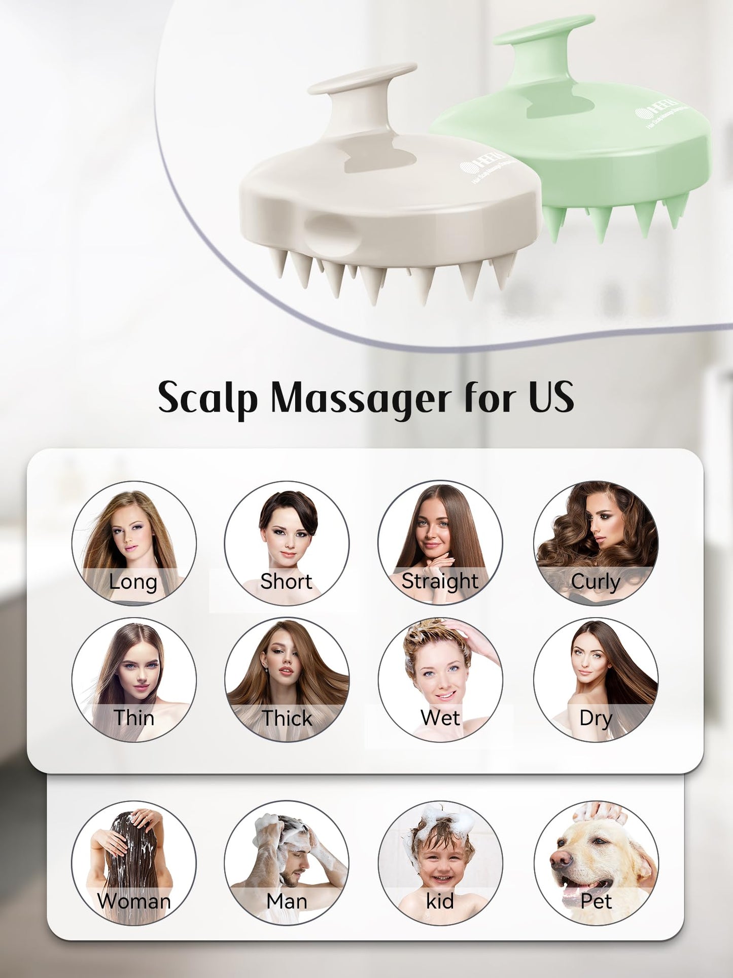 HEETA Scalp Massager Shampoo Brush 2 Pack, Soft Silicone Bristles to Remove Dandruff, Waterproof Scrubber for Wet Dry Hair, Suitable for Men & Women (Light Beige&Green)