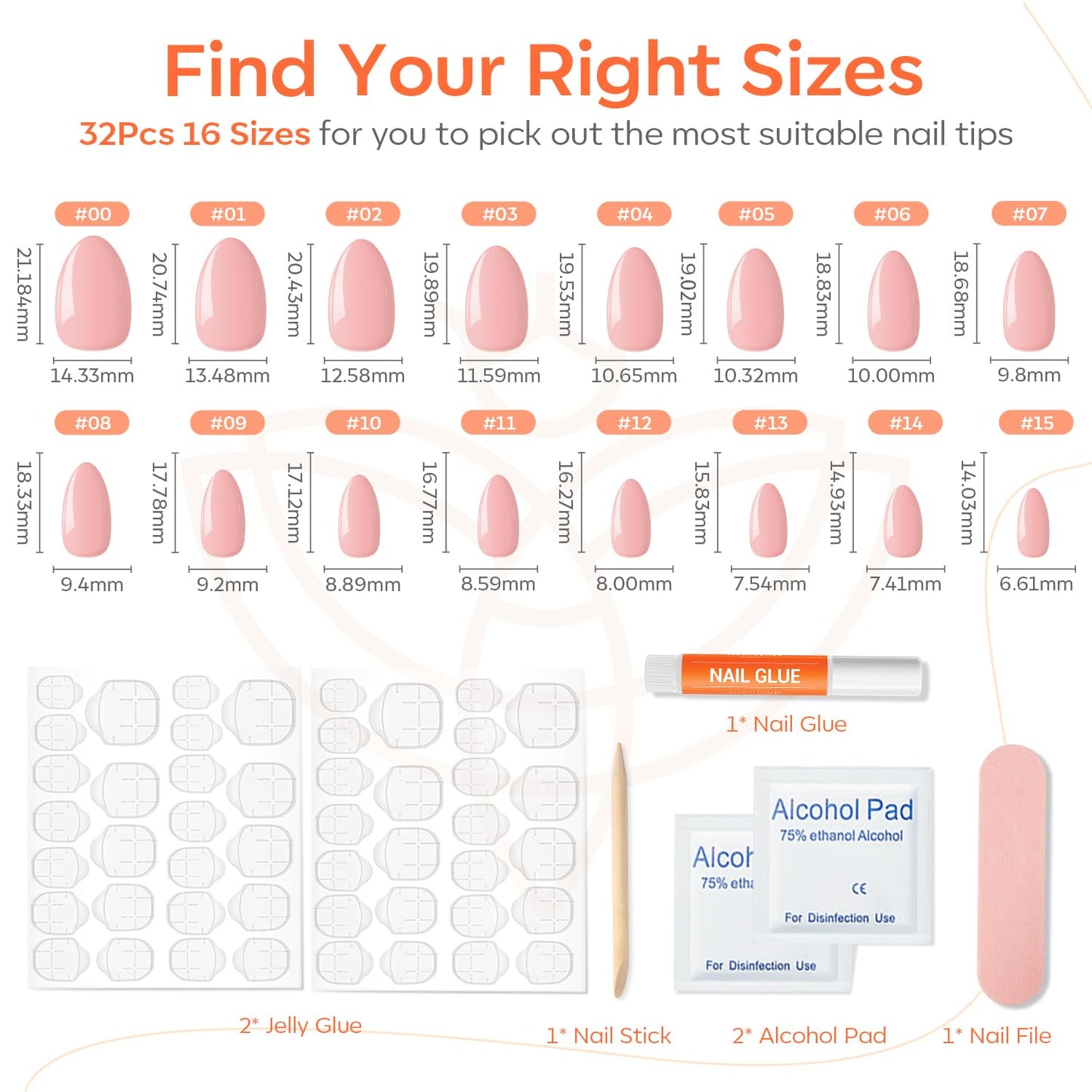 Modelones 32Pcs Pink Press on Nails Almond, Upgrade Short Almond Fake Nails, Reusable Nail Kit with Nail Glue Adhesive Tabs Mini Nail File, Nails Press Ons 16 Sizes