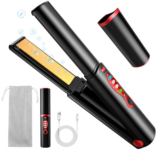 Cordless Titanium Hair Straightener and Curler, Mini Portable USB Rechargeable Fast Heat Up Flat Iron with 5V/5000mAh Battery, Anti-Scald 3-Level for Swift, Smooth and Glossy Hair, Travel Size (Black)