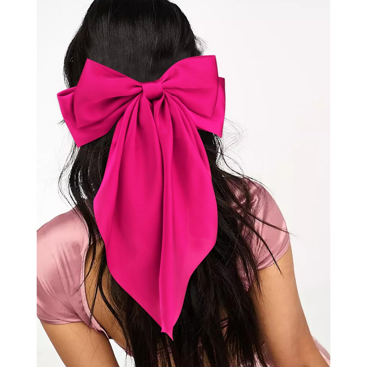 Velscrun Hair Bows for Women and Girls - 3Pcs Oversized Satin Bows in White, Black, and Rose Pink - Large Hair Clips with Long Ribbons, Barrettes, Hair Accessories Gift Set