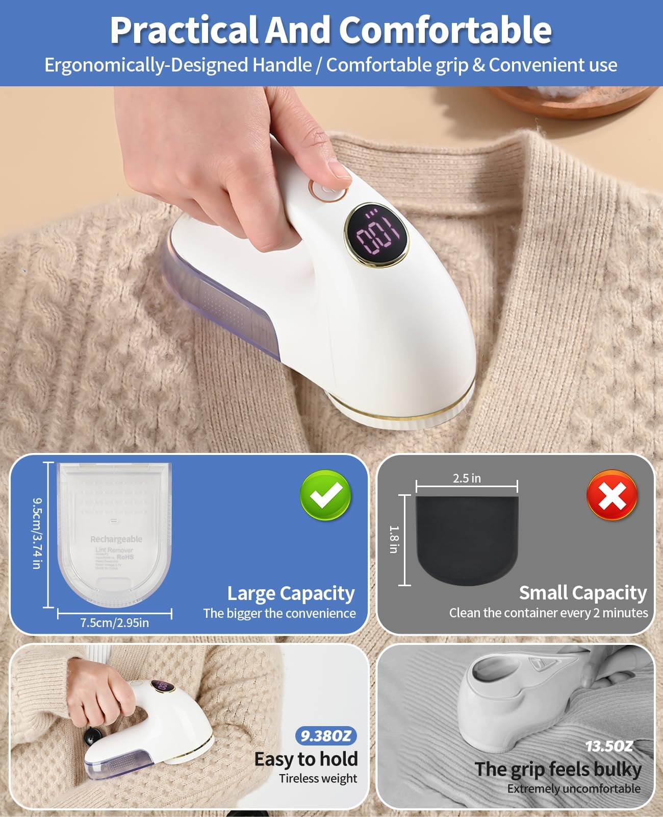 EiLVEEY Fabric Shaver, Electric Lint Remover Rechargeable with LED Display, 6-Leaves Blades, 3-Speeds Adjustment, Sweater Shaver to Remove Fuzz, Lint, Pills for Clothes and Furniture, White