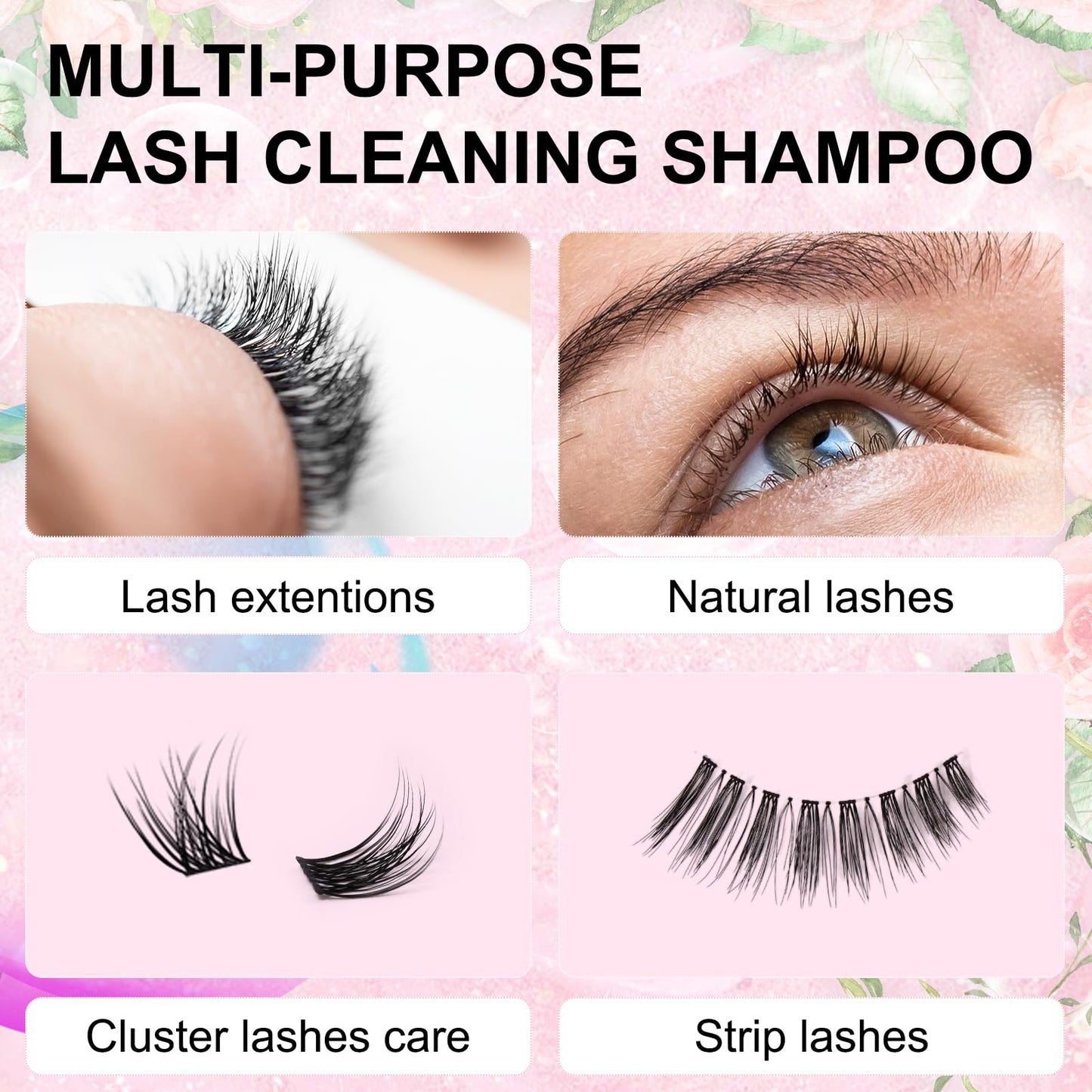 150ml Lash Shampoo for Lash Extensions, Eyelash Extension Cleanser Lash Cleaning Kit for Cluster Lashes with Fan+Makeup Pad+Cleaning Brush+100 Pcs Lash Brush+Wash Bottle, Oil Free Foam