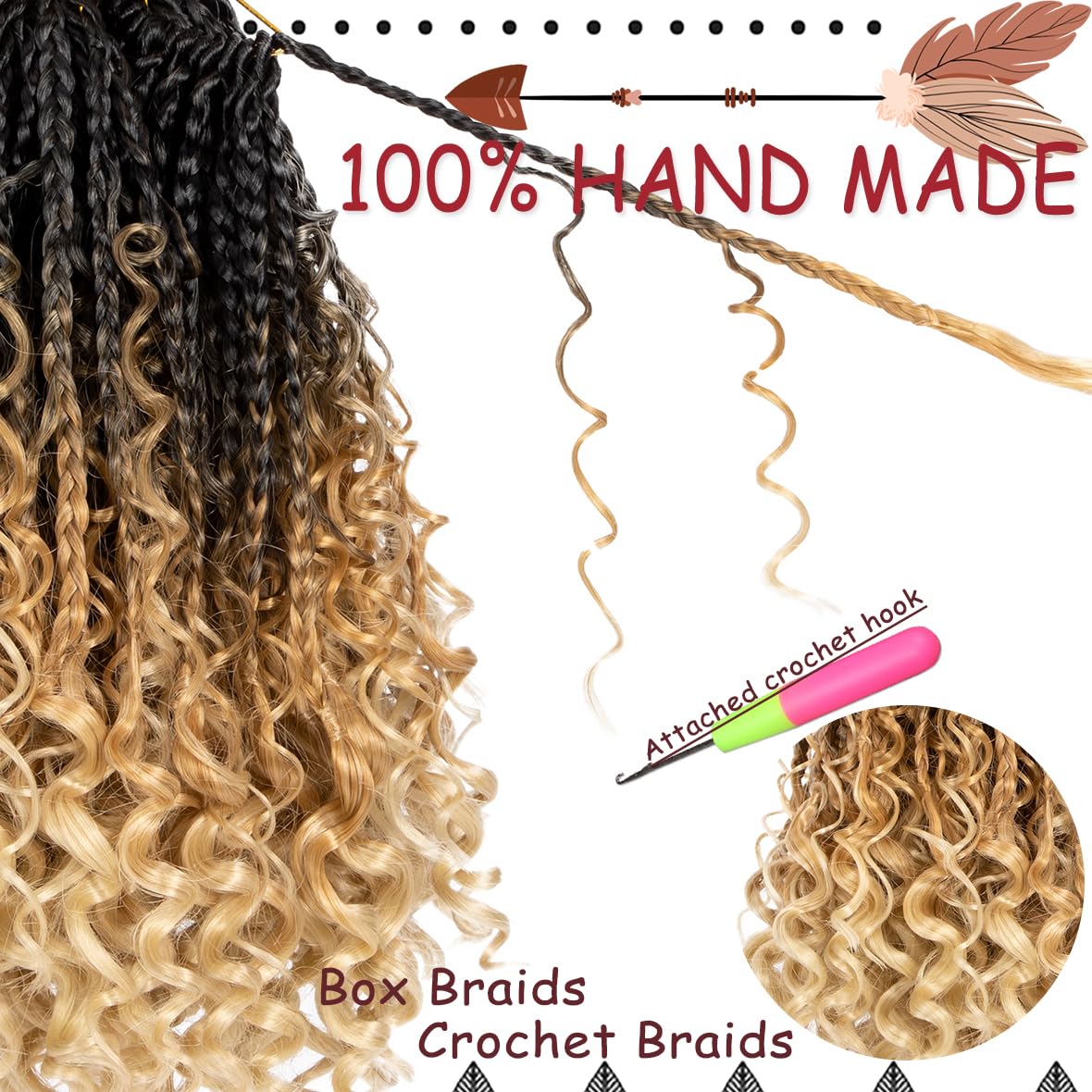 Beverlee 10 Inch 8 Packs Boho Box Braids Goddess Box Braids Crochet Hair Bohemian Hippie Braids Braiding Hair Box Braids with Curly Ends Messy Pre-looped Synthetic Crochet Hair for Black Women