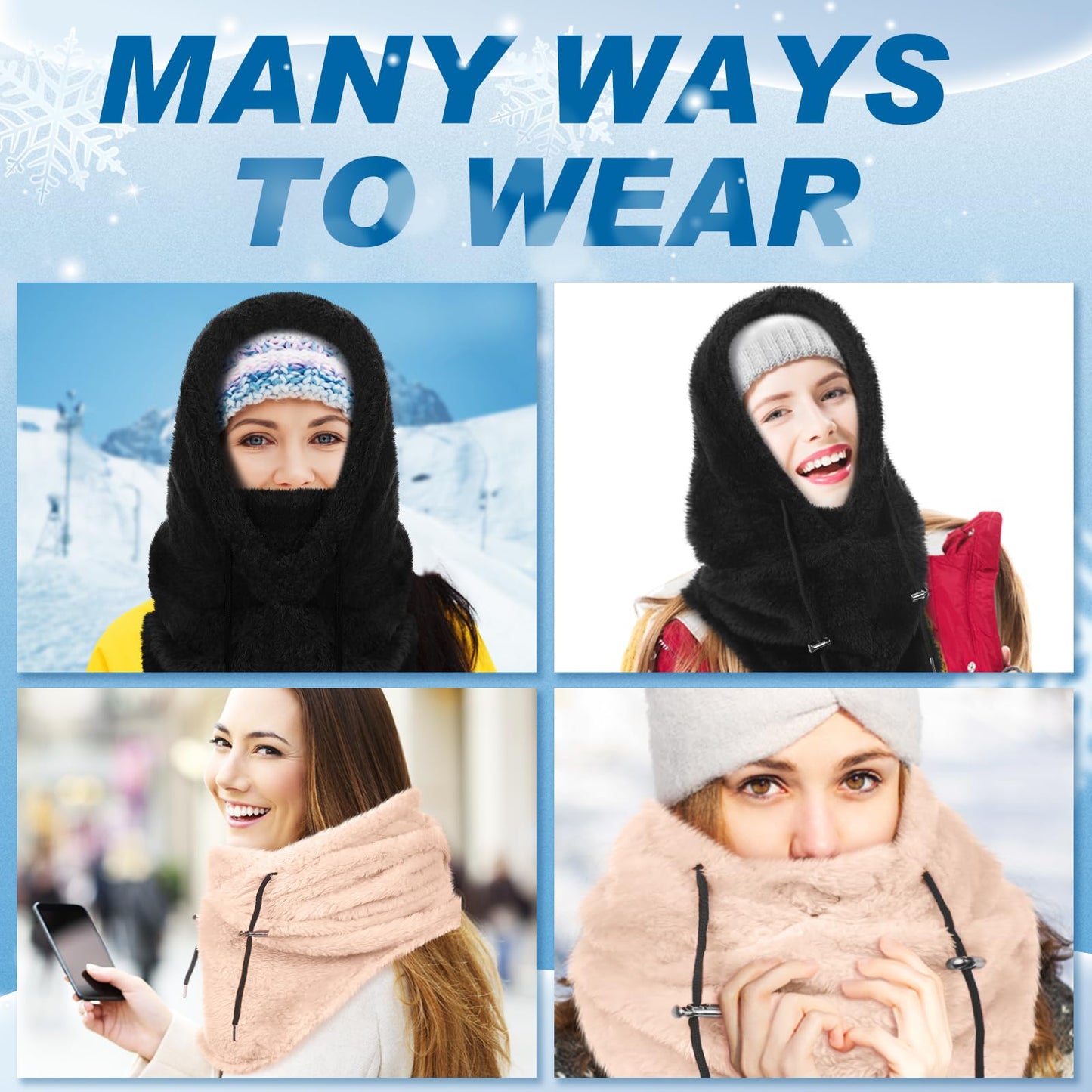 Jeere 2 Pcs Hood Fleece Balaclavas for Women Winter Face Mask Thermal Face Cover Hat Neck Warmer Scarf Adjustable for Cold Weather